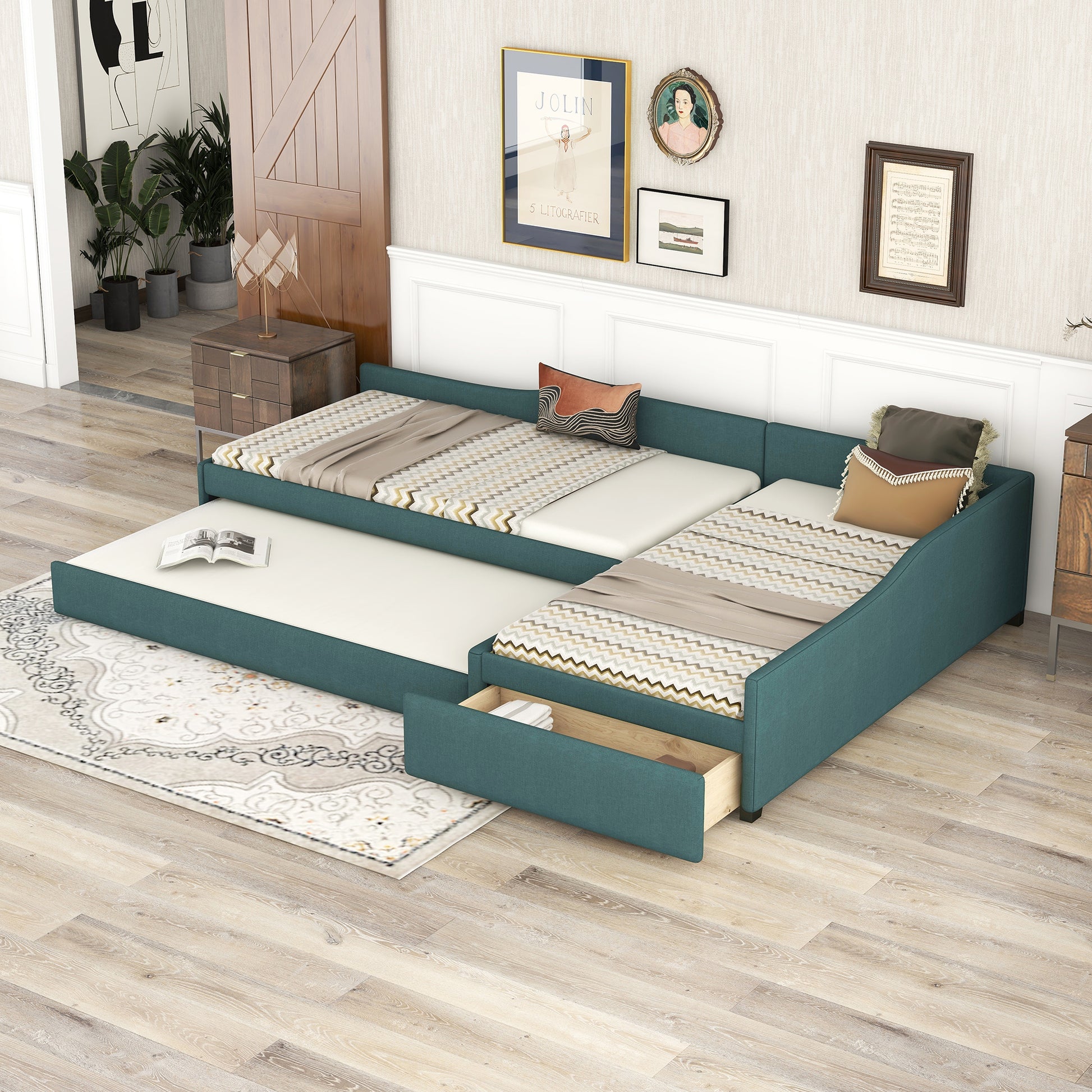 Upholstered Double Twin Size Daybed With Trundle And Drawer, Green Twin Green Plywood