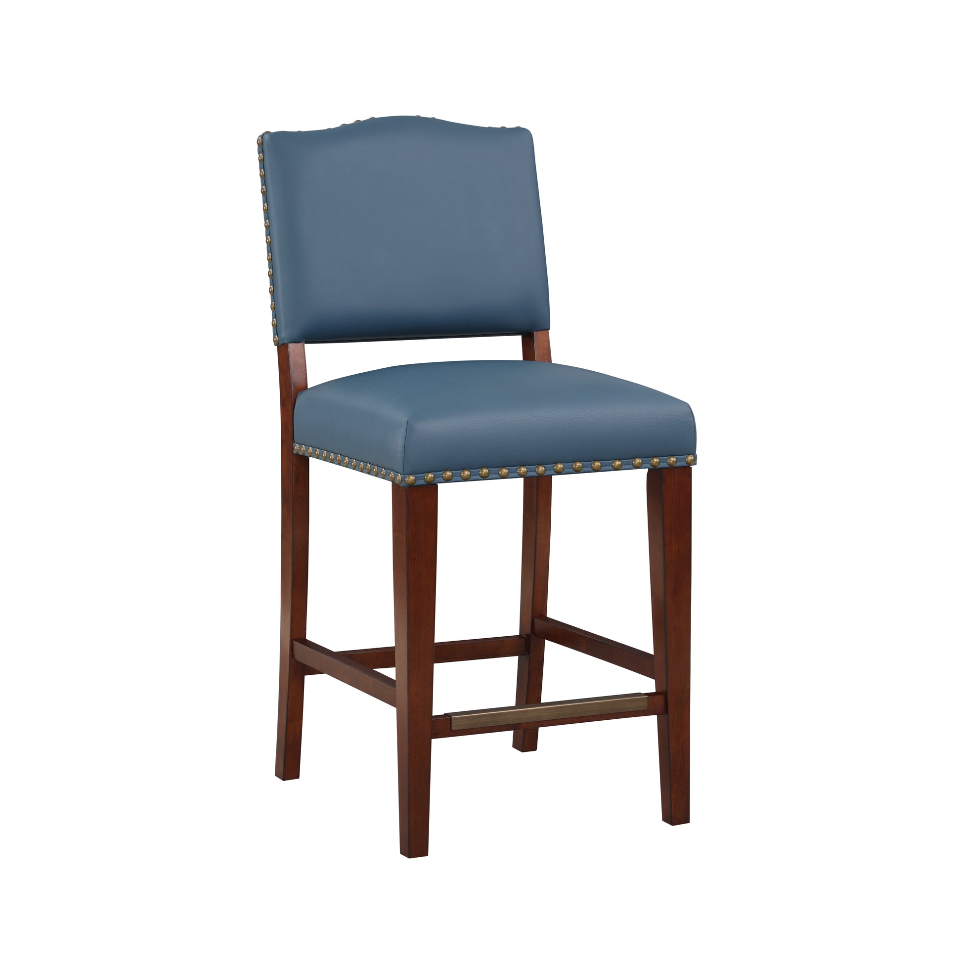 Danbers Stationary Faux Leather Blue Counter Stool With Nail Heads Blue Foam Fabric