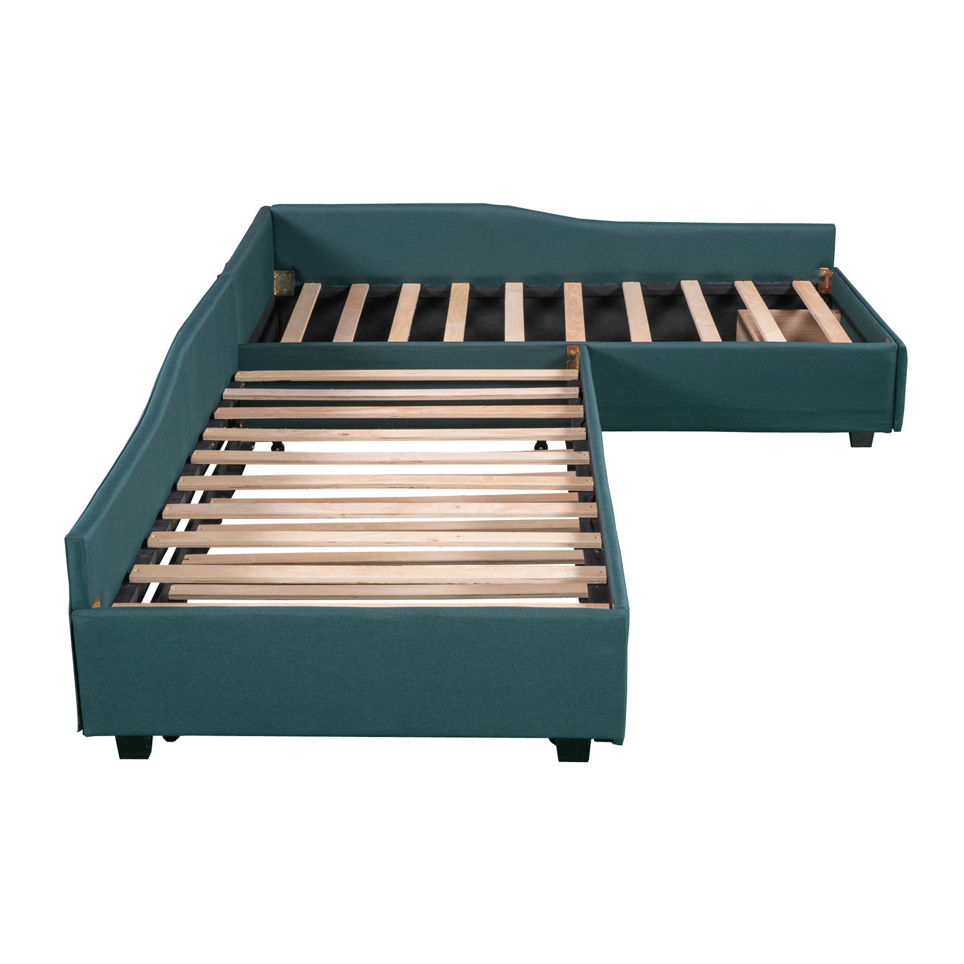 Upholstered Double Twin Size Daybed With Trundle And Drawer, Green Twin Green Plywood