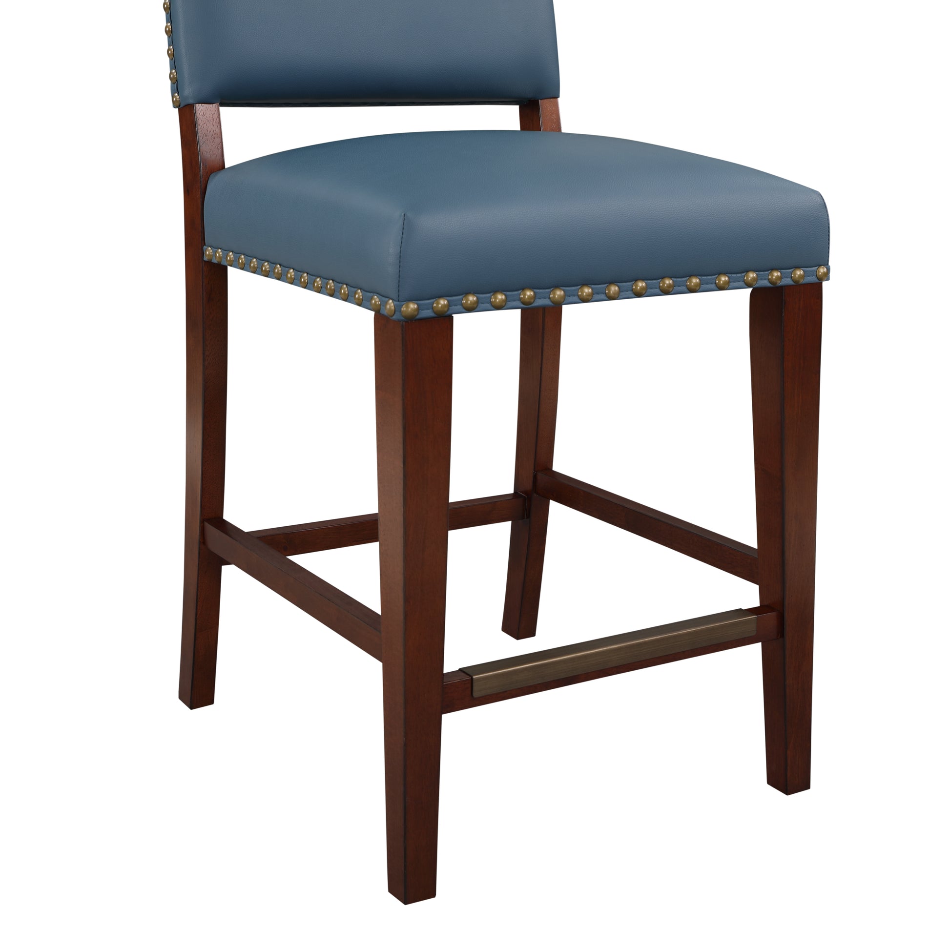 Danbers Stationary Faux Leather Blue Counter Stool With Nail Heads Blue Foam Fabric