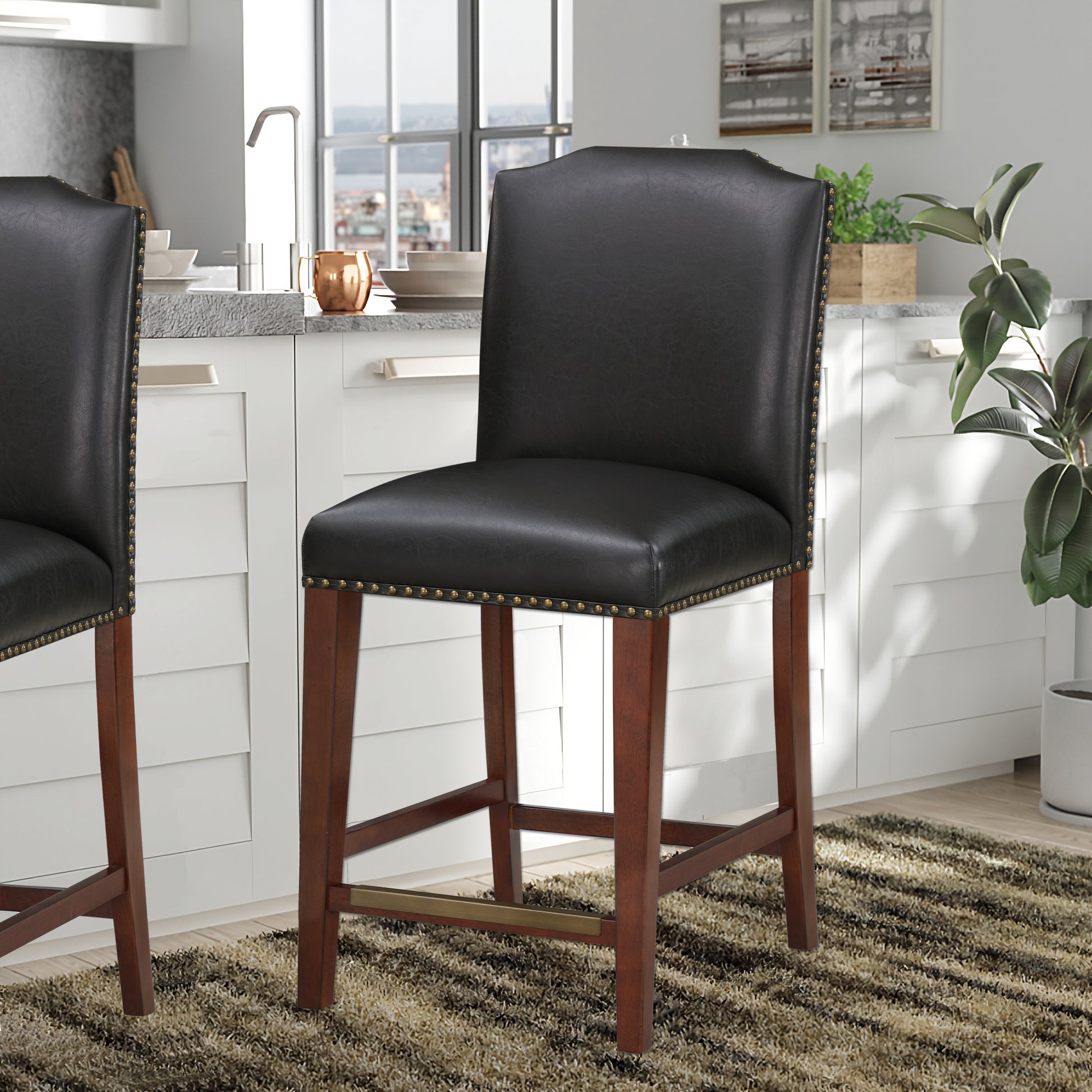 Blaire Stationary Brown Faux Leather Counter Stool With Nail Heads Dark Brown Foam Fabric