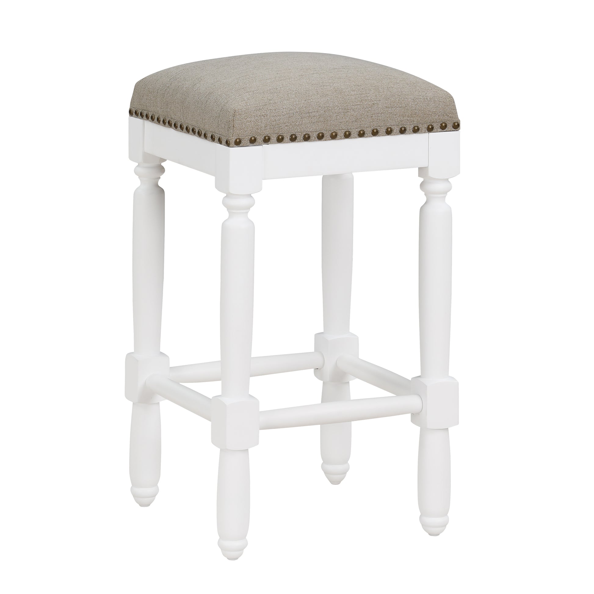 Dutton White Turned Leg Counter Stool With Taupe Upholstered Seat And Trim White Foam Solid Wood