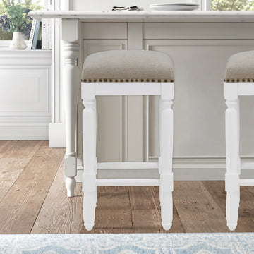 Dutton White Turned Leg Counter Stool With Taupe Upholstered Seat And Trim White Foam Solid Wood