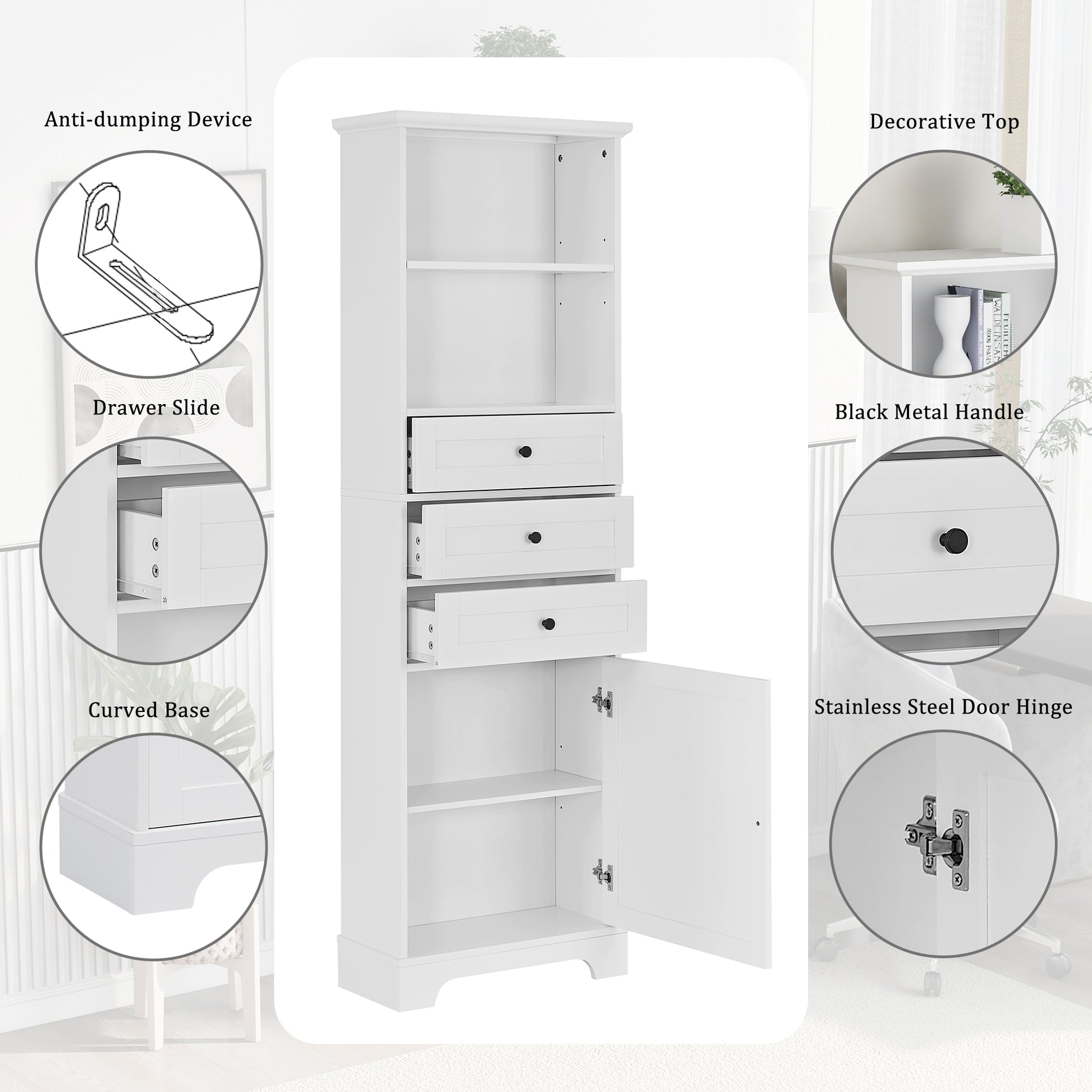 White Tall Storage Cabinet With 3 Drawers And Adjustable Shelves For Bathroom, Kitchen And Living Room, Mdf Board With Painted Finish White Mdf