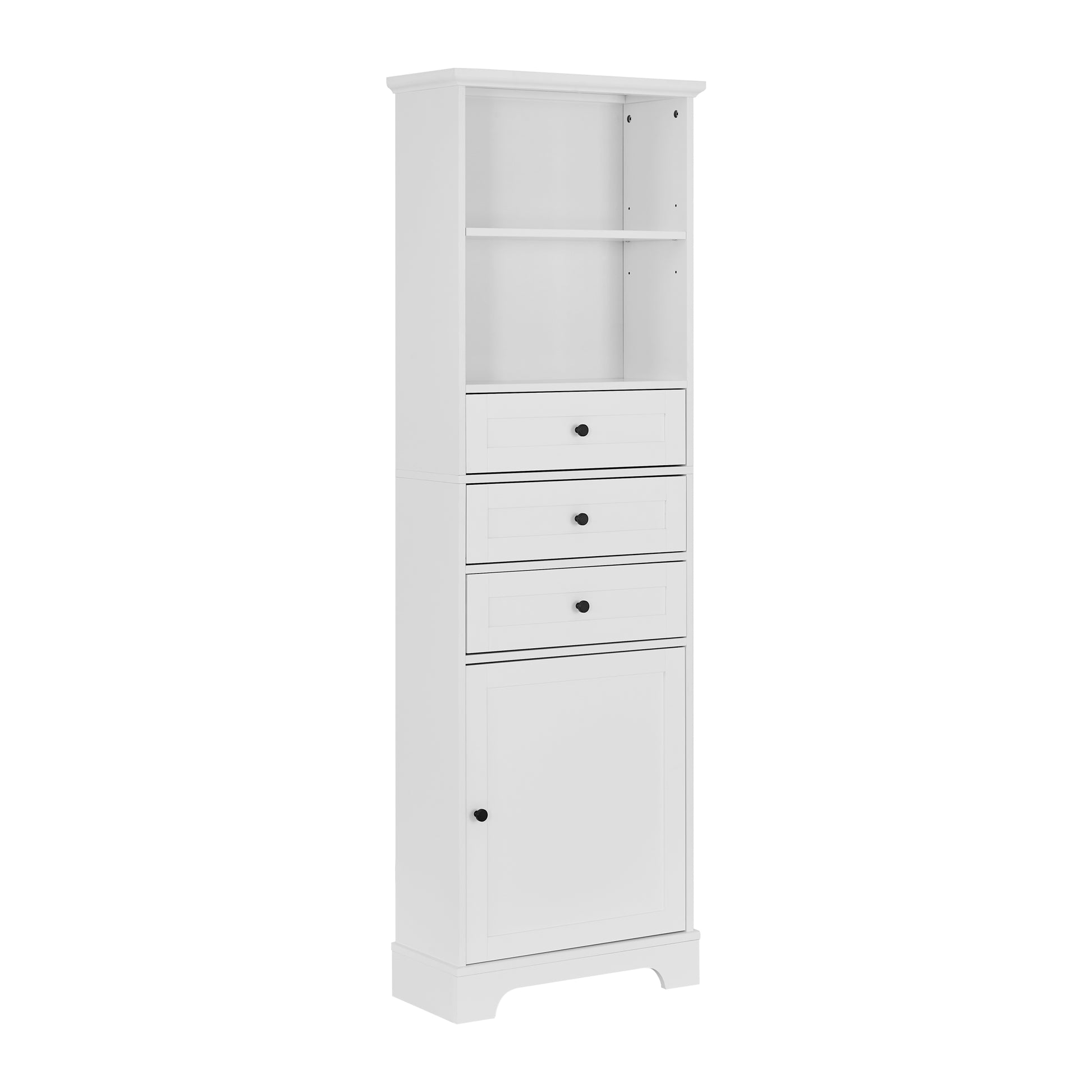 White Tall Storage Cabinet with 3 Drawers and white-mdf