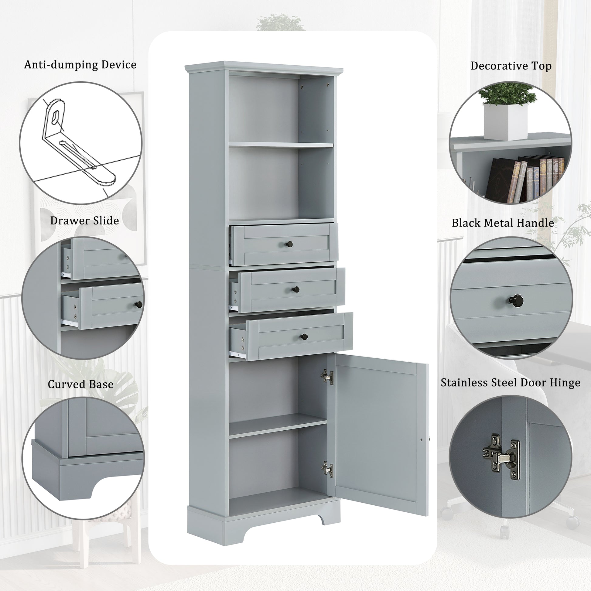 Grey Tall Storage Cabinet with 3 Drawers and grey-mdf