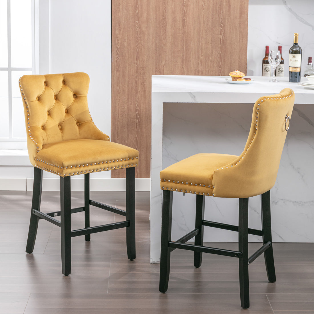 Contemporary Velvet Upholstered Barstools With Button Tufted Decoration And Wooden Legs, And Chrome Trim, Leisure Style Bar Chairs,Bar Stools, Set Of 2 Golden ,Sw2002Gl Wood Gold Seats 2 American Design Rubberwood Foam Velvet