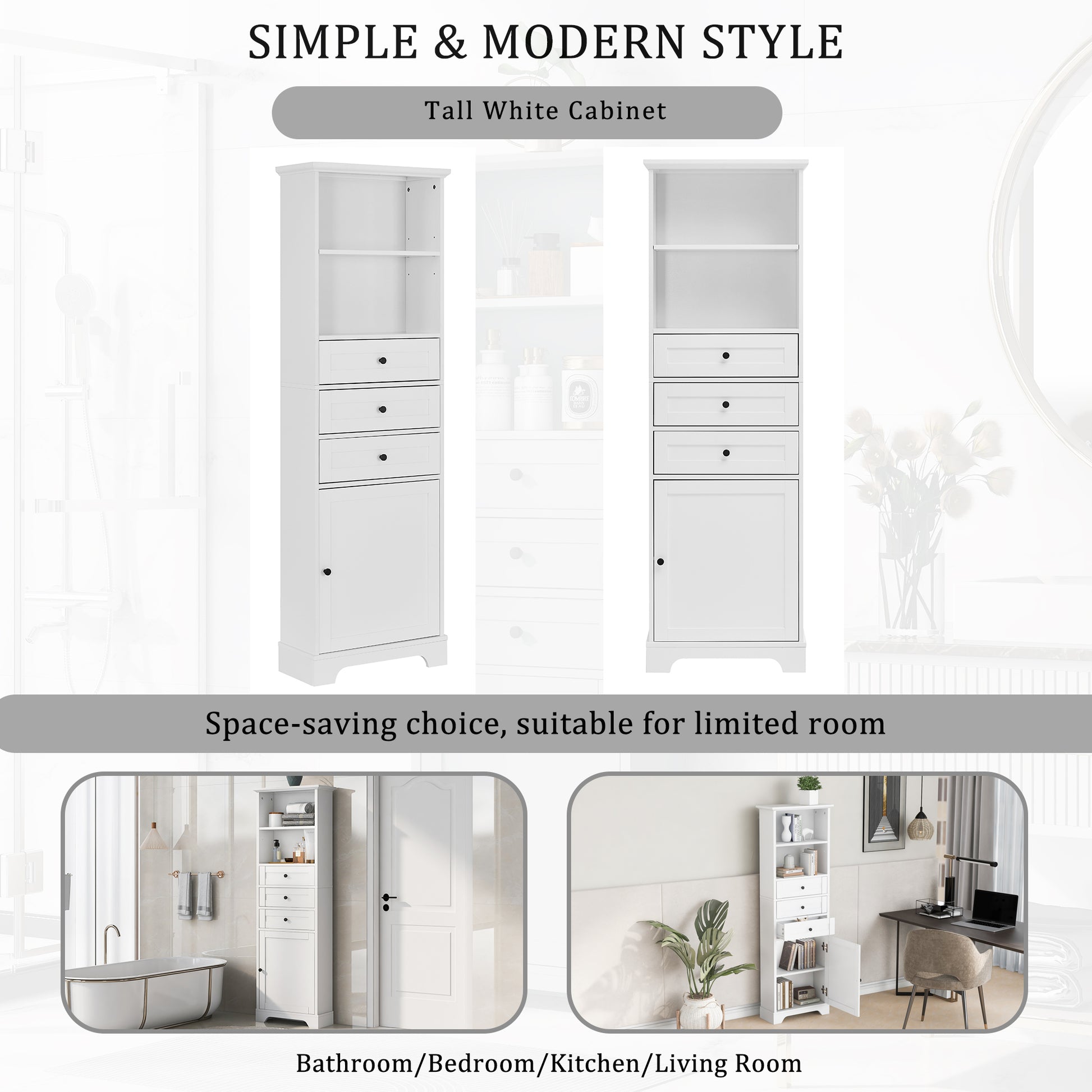 White Tall Storage Cabinet With 3 Drawers And Adjustable Shelves For Bathroom, Kitchen And Living Room, Mdf Board With Painted Finish White Mdf