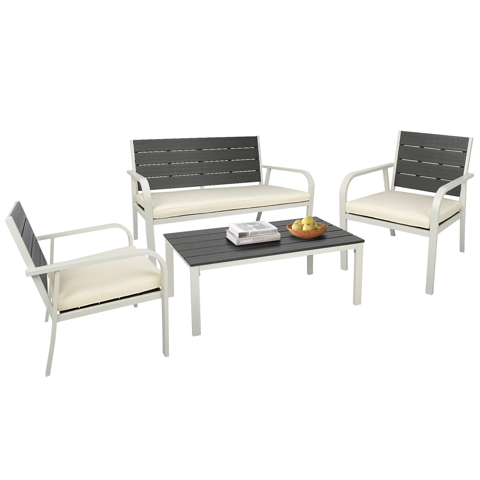 4 Pieces Patio Garden Sofa Conversation Set Wood Grain Design Pe Steel Frame Loveseat All Weather Outdoor Furniture Set With Cushions Coffee Table For Backyard Balcony Lawn White White Steel