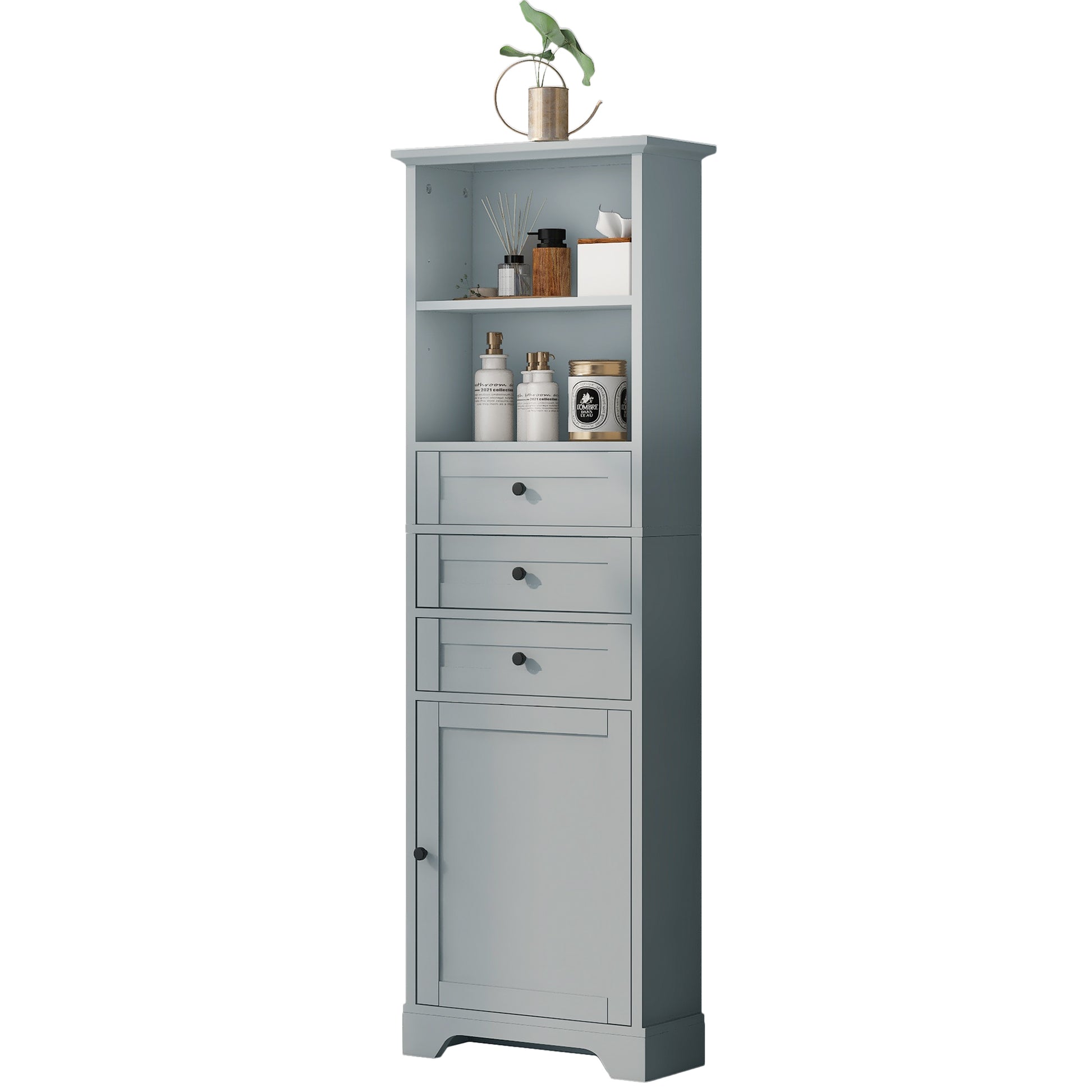 Grey Tall Storage Cabinet with 3 Drawers and grey-mdf