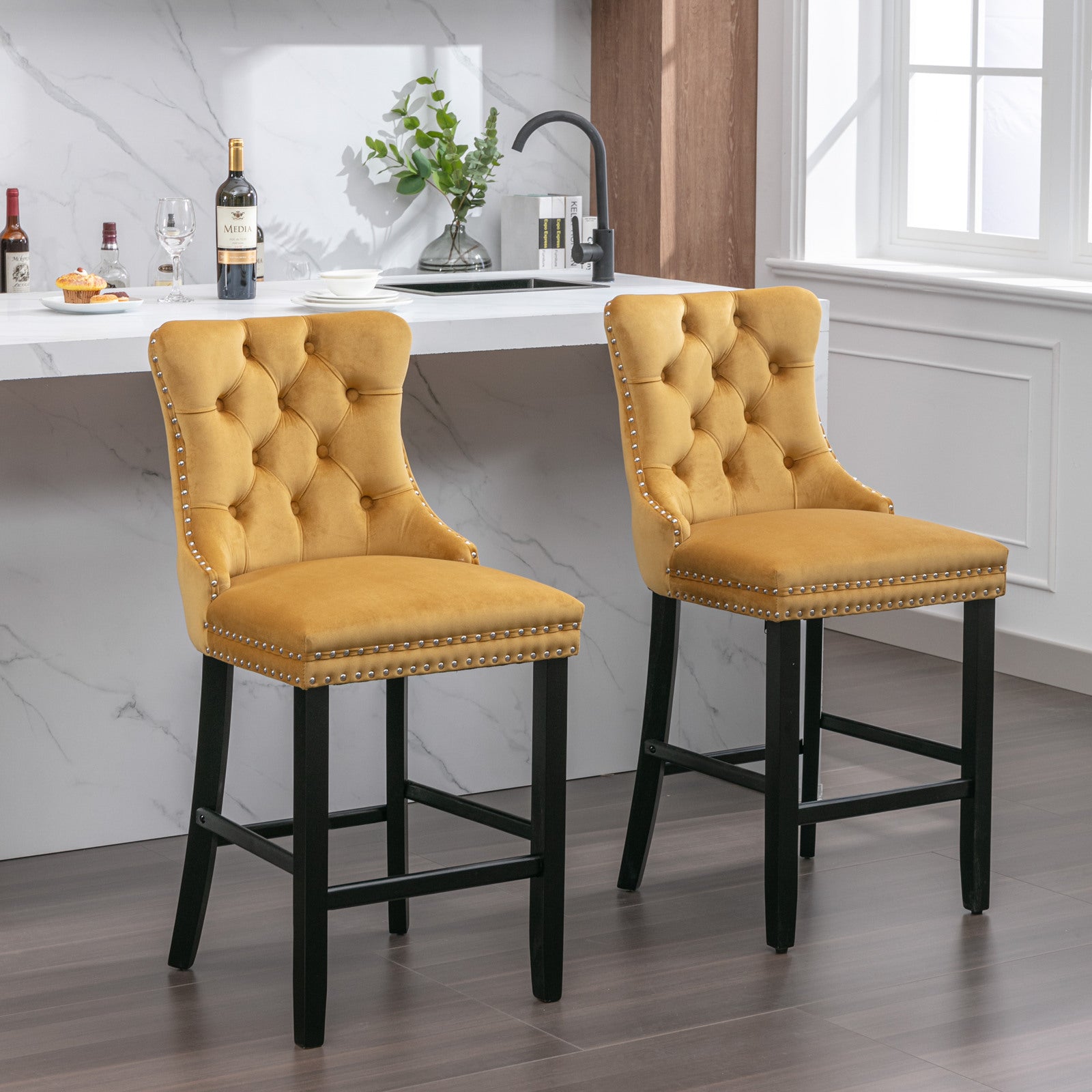 Contemporary Velvet Upholstered Barstools With Button Tufted Decoration And Wooden Legs, And Chrome Trim, Leisure Style Bar Chairs,Bar Stools, Set Of 2 Golden ,Sw2002Gl Wood Gold Seats 2 American Design Rubberwood Foam Velvet