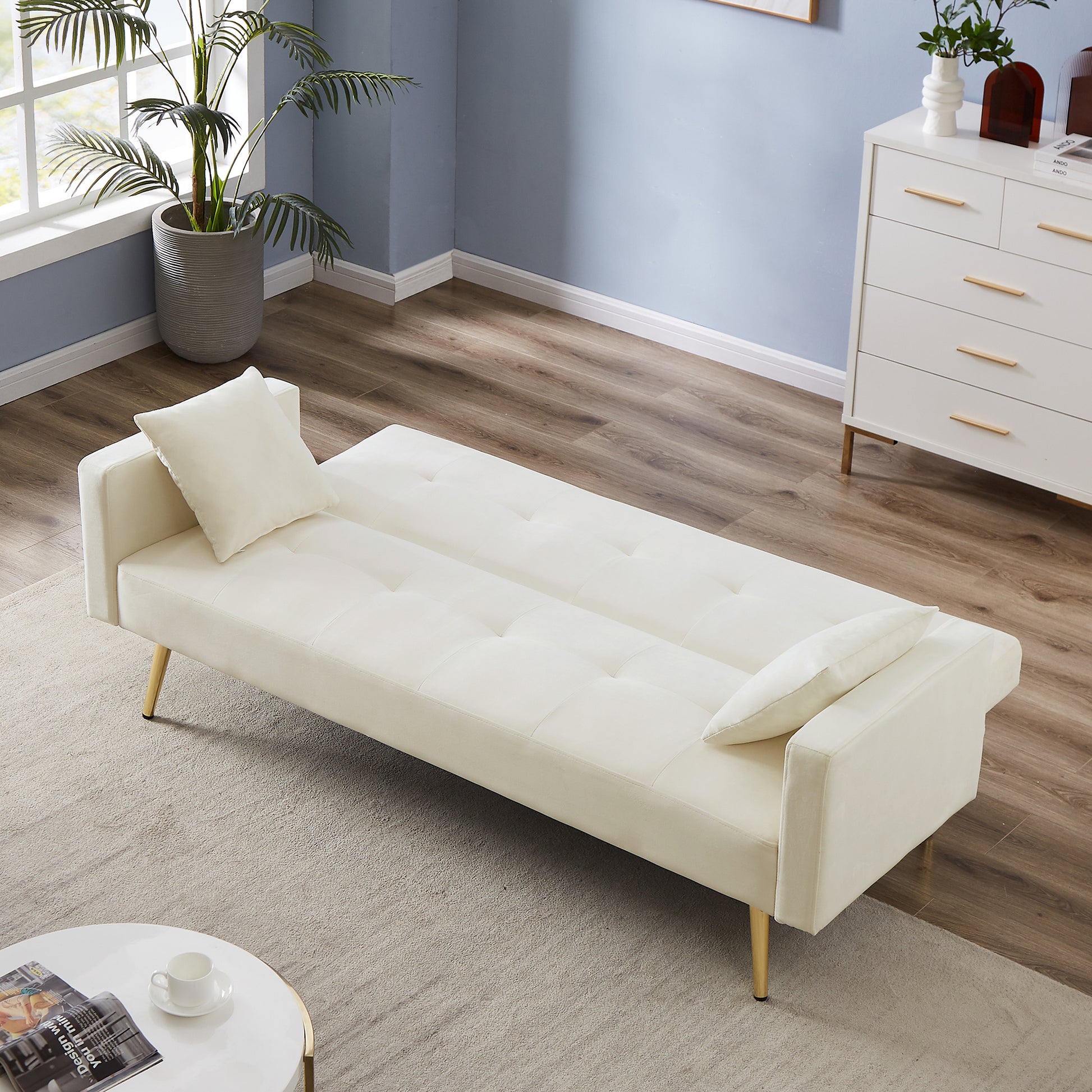 Cream White Velvet Convertible Folding Futon Sofa Bedsleeper Sofa Couch For Compact Living Space. Cream White Wood Square Arms Foam Velvet