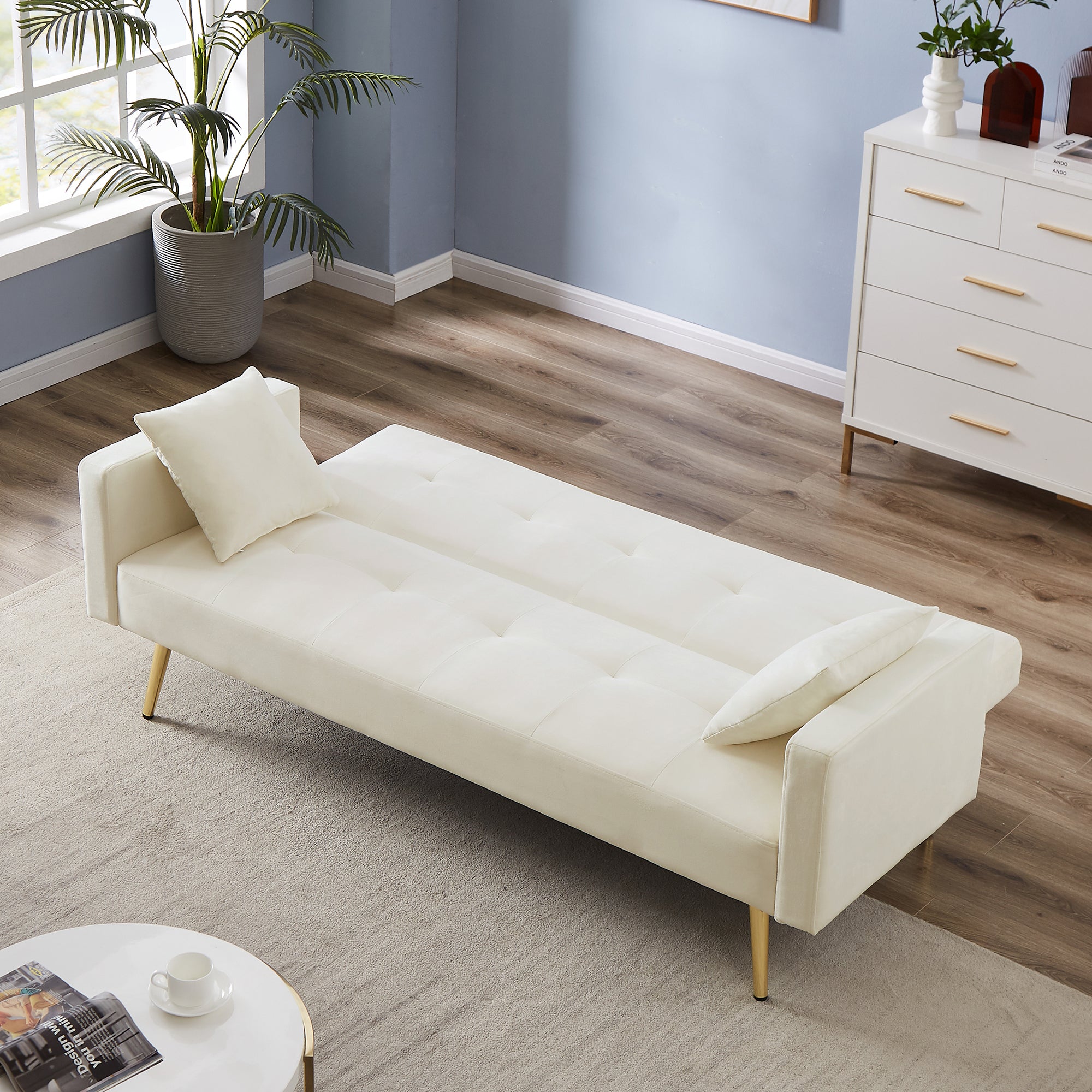 Cream White Velvet Convertible Folding Futon Sofa Bed cream white-wood-square arms-foam-velvet