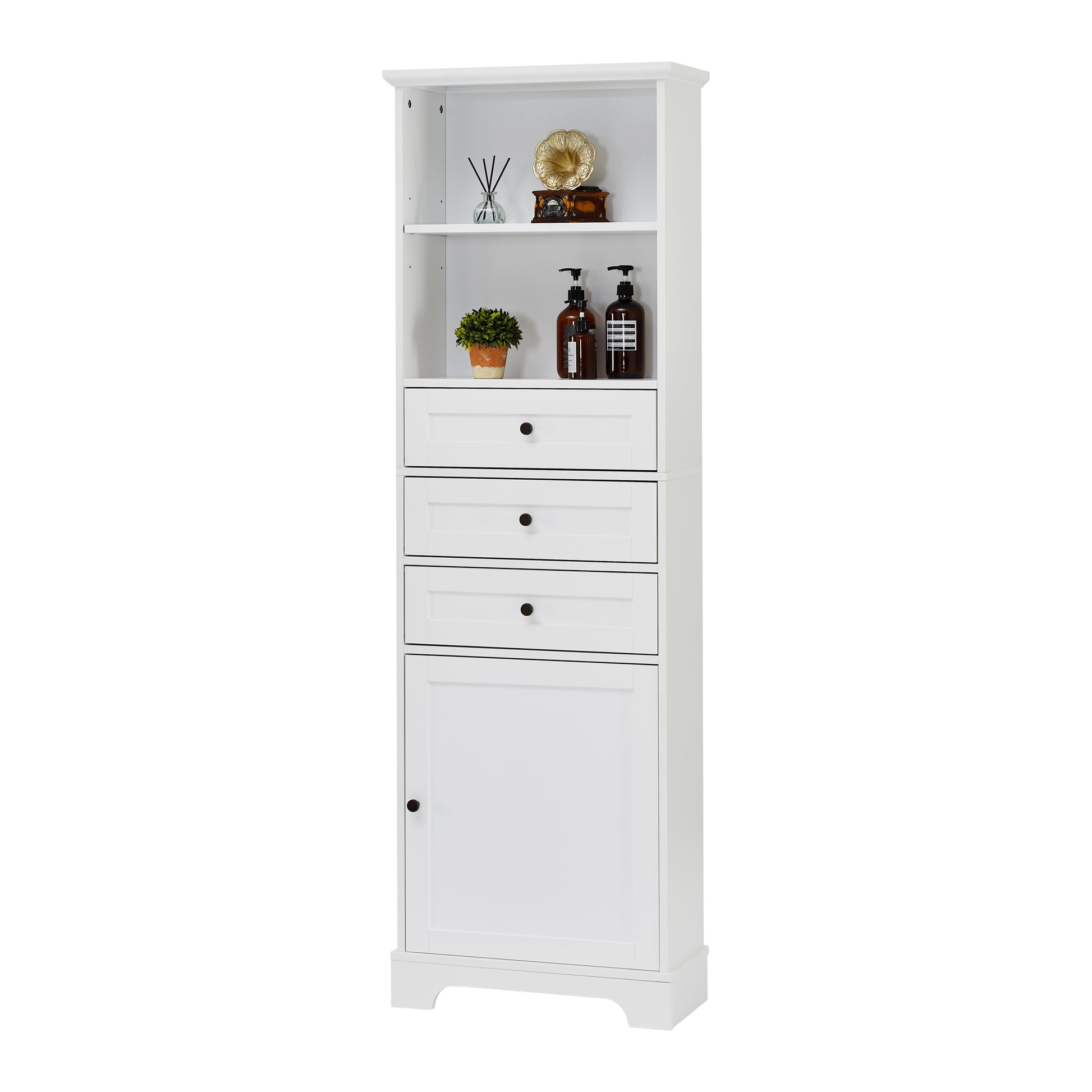White Tall Storage Cabinet with 3 Drawers and white-mdf