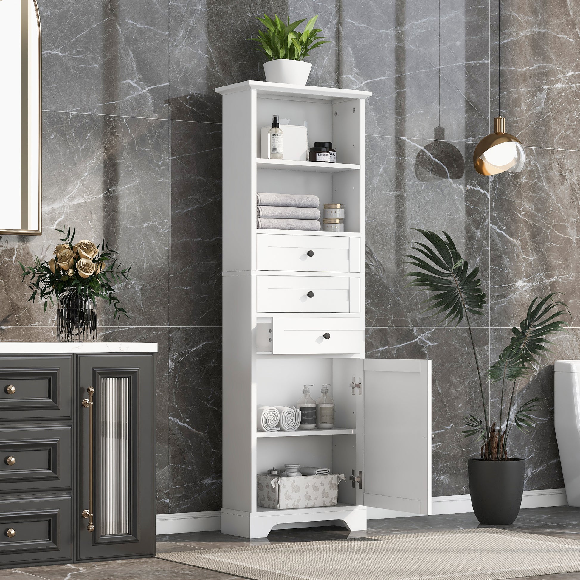 White Tall Storage Cabinet with 3 Drawers and white-mdf