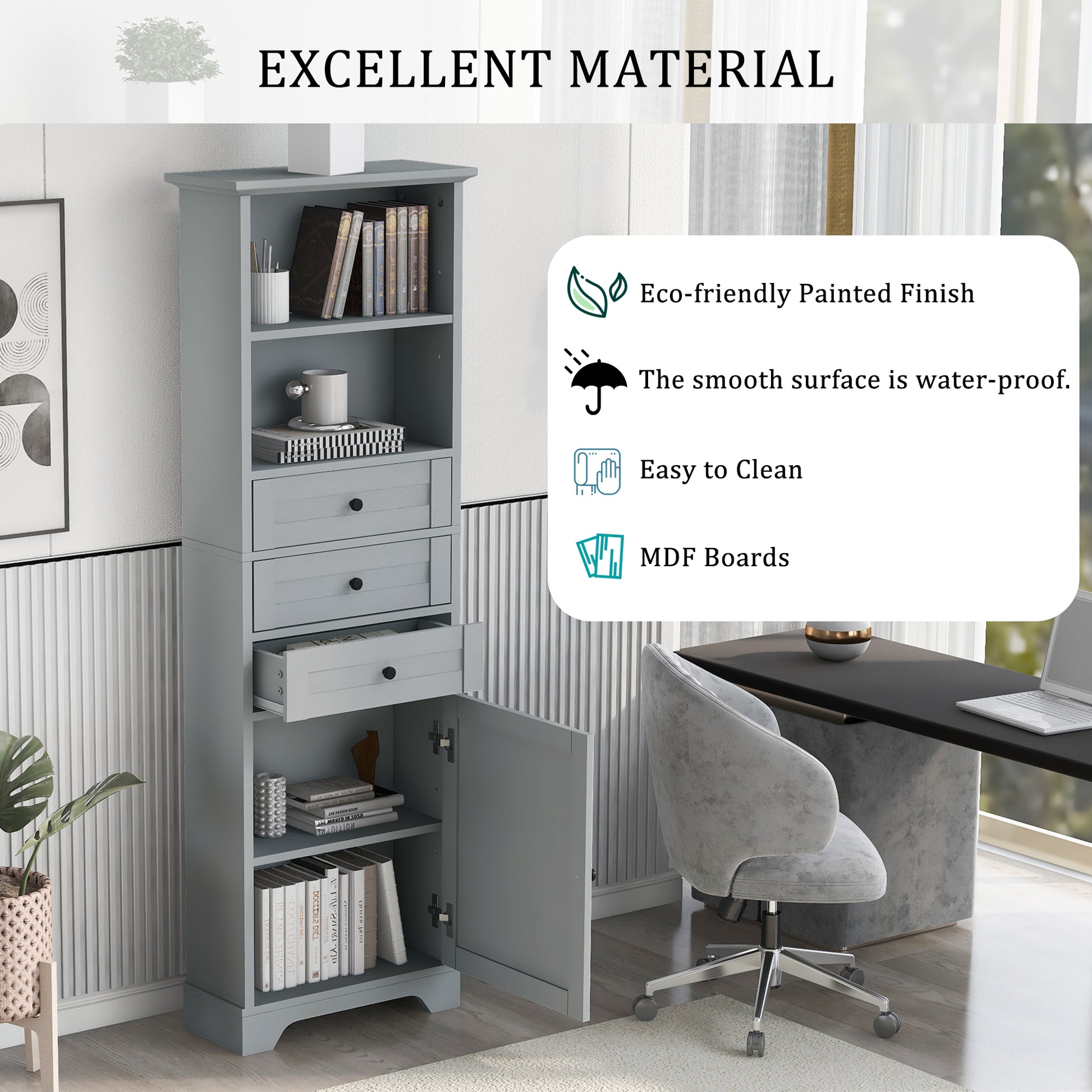 Grey Tall Storage Cabinet with 3 Drawers and grey-mdf