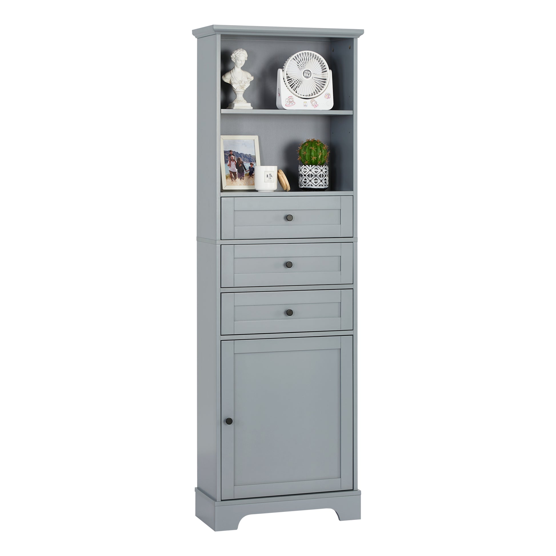 Grey Tall Storage Cabinet with 3 Drawers and grey-mdf