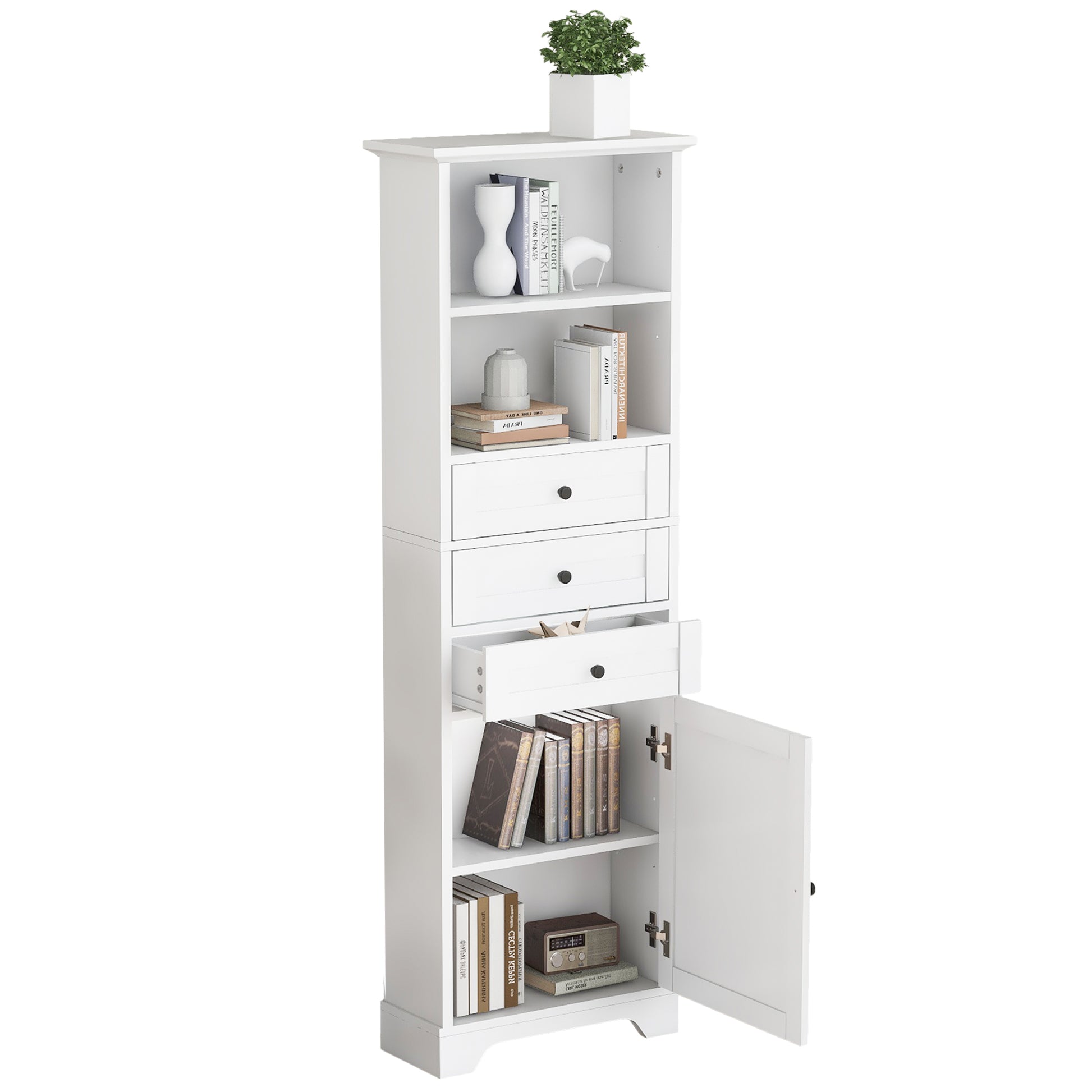 White Tall Storage Cabinet with 3 Drawers and white-mdf