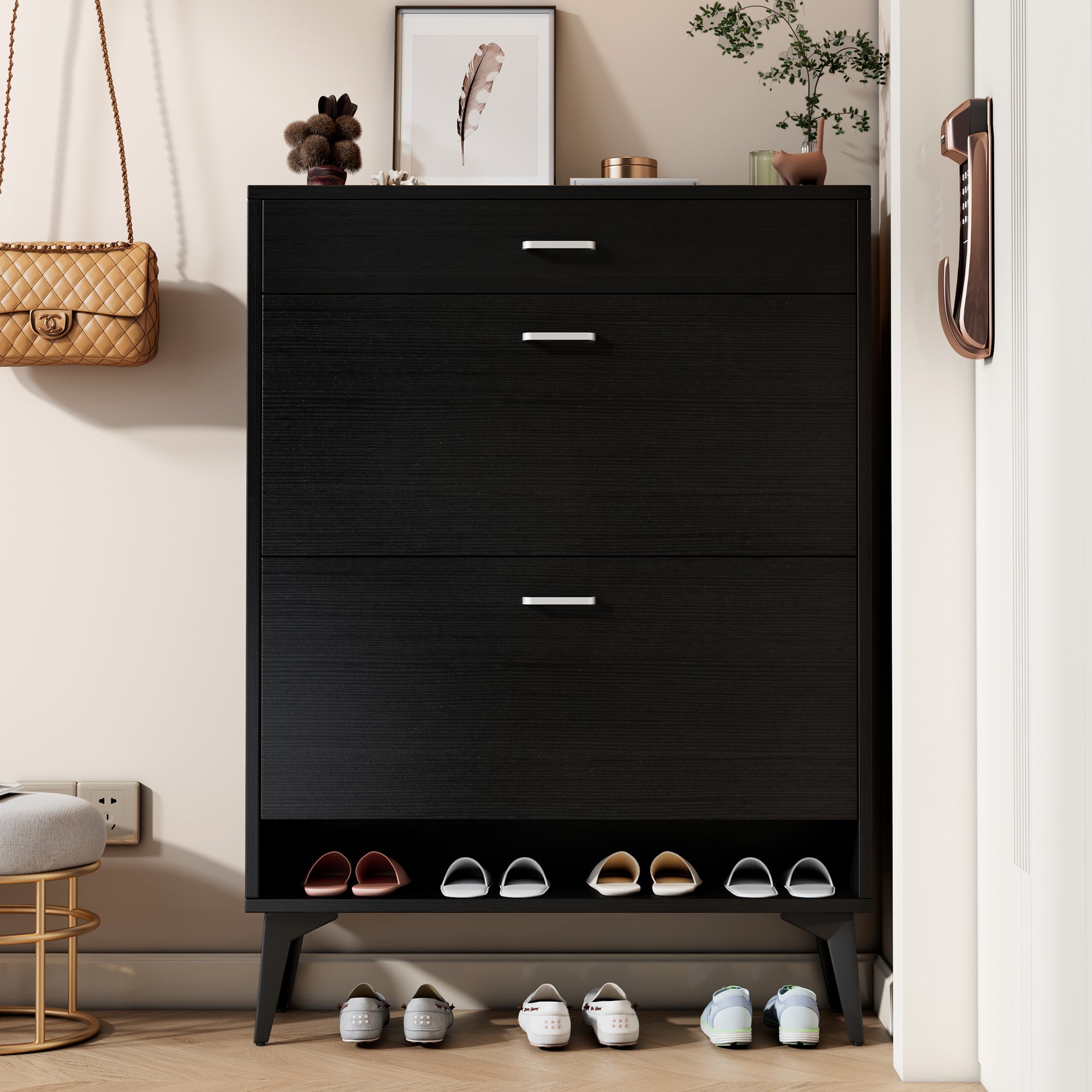 Shoe Cabinetshoe Storage Shelves, Black Black Mdf