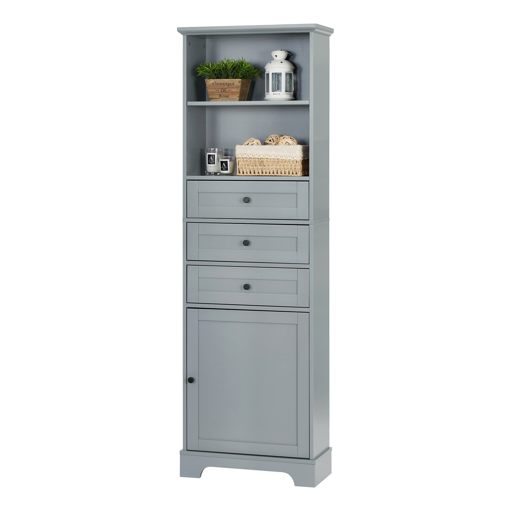 Grey Tall Storage Cabinet with 3 Drawers and grey-mdf