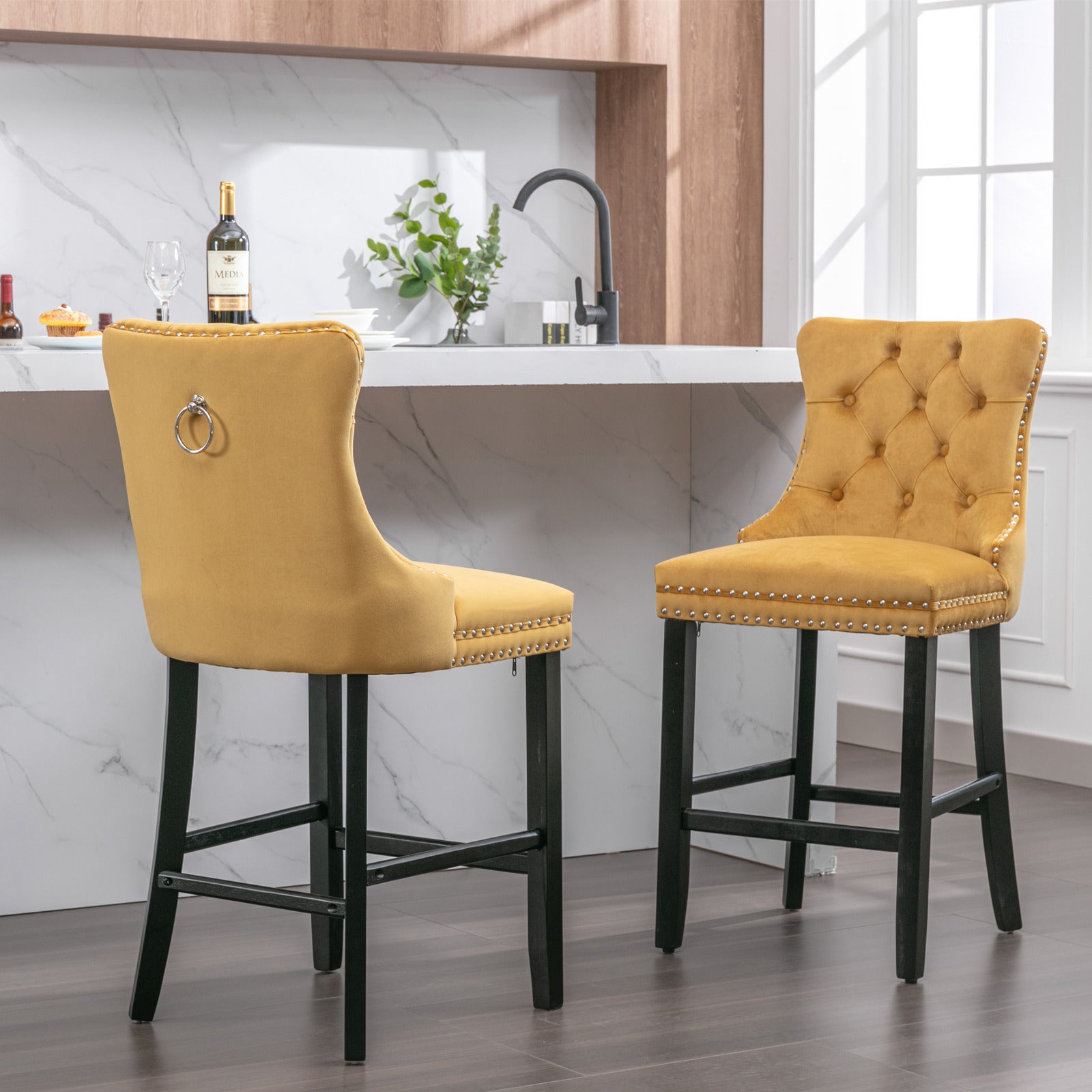 Contemporary Velvet Upholstered Barstools With Button Tufted Decoration And Wooden Legs, And Chrome Trim, Leisure Style Bar Chairs,Bar Stools, Set Of 2 Golden ,Sw2002Gl Wood Gold Seats 2 American Design Rubberwood Foam Velvet