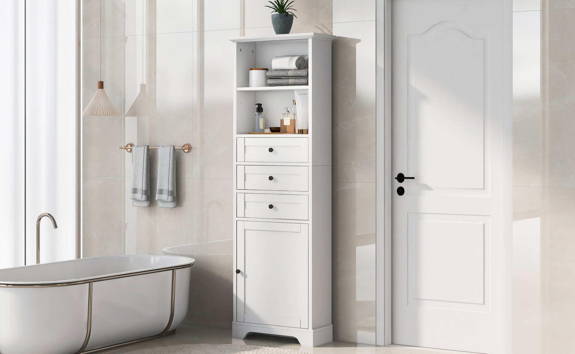 White Tall Storage Cabinet with 3 Drawers and white-mdf