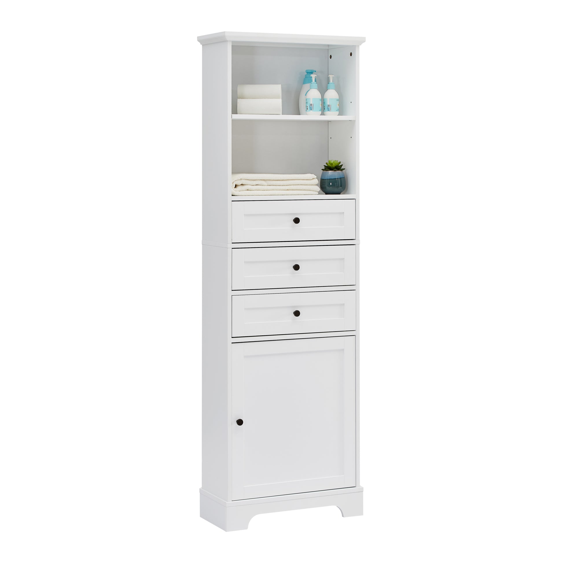 White Tall Storage Cabinet with 3 Drawers and white-mdf