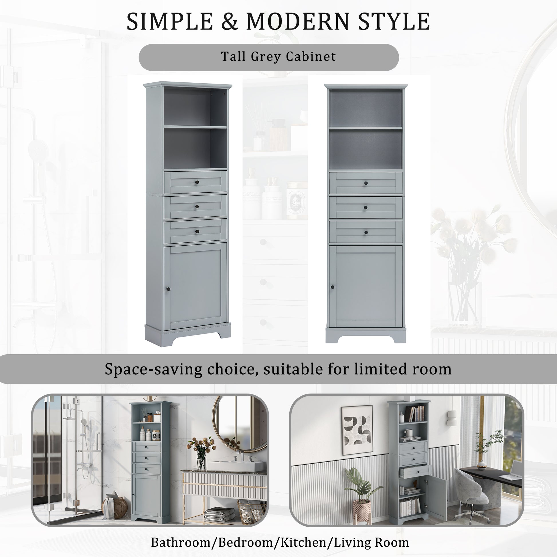 Grey Tall Storage Cabinet with 3 Drawers and grey-mdf