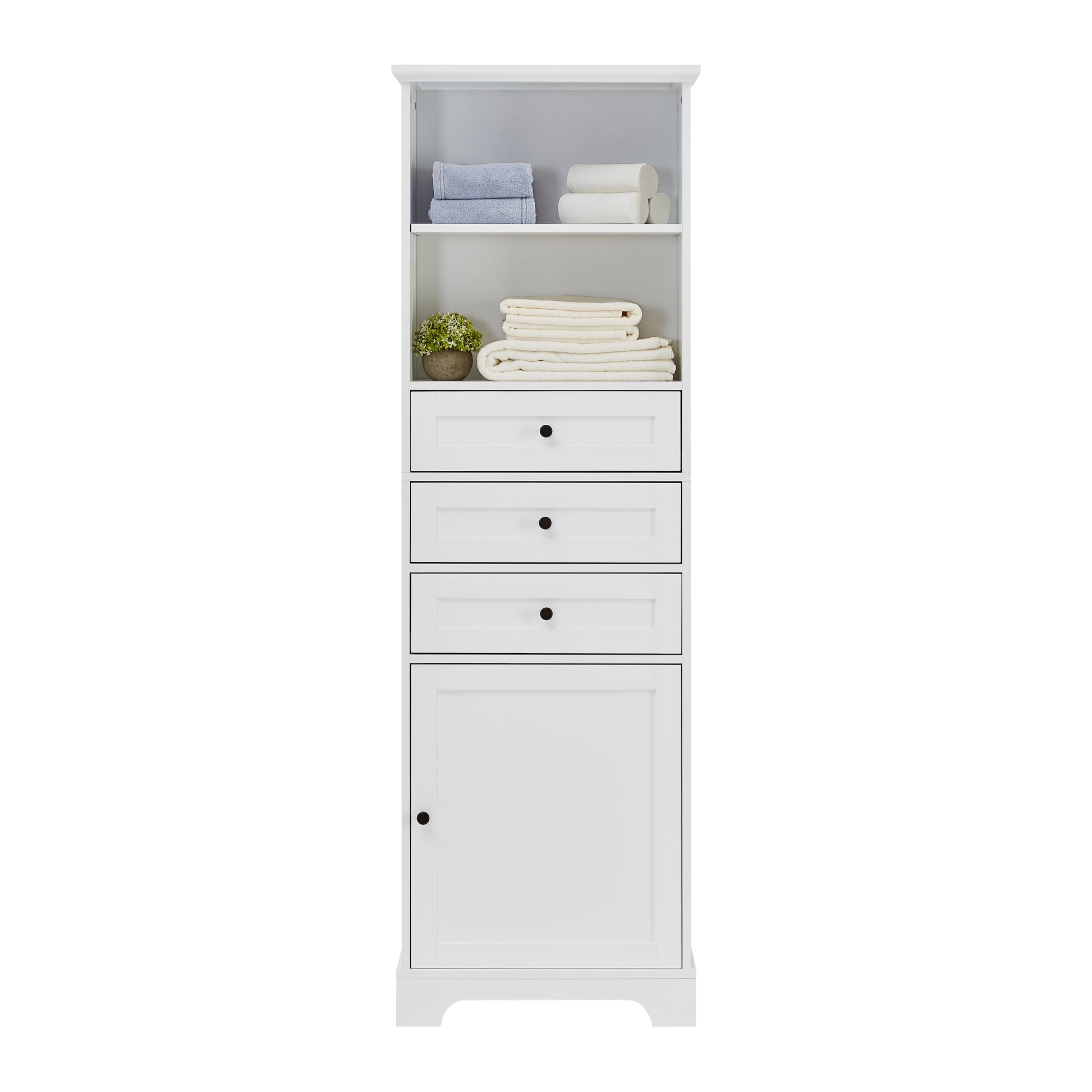 White Tall Storage Cabinet with 3 Drawers and white-mdf