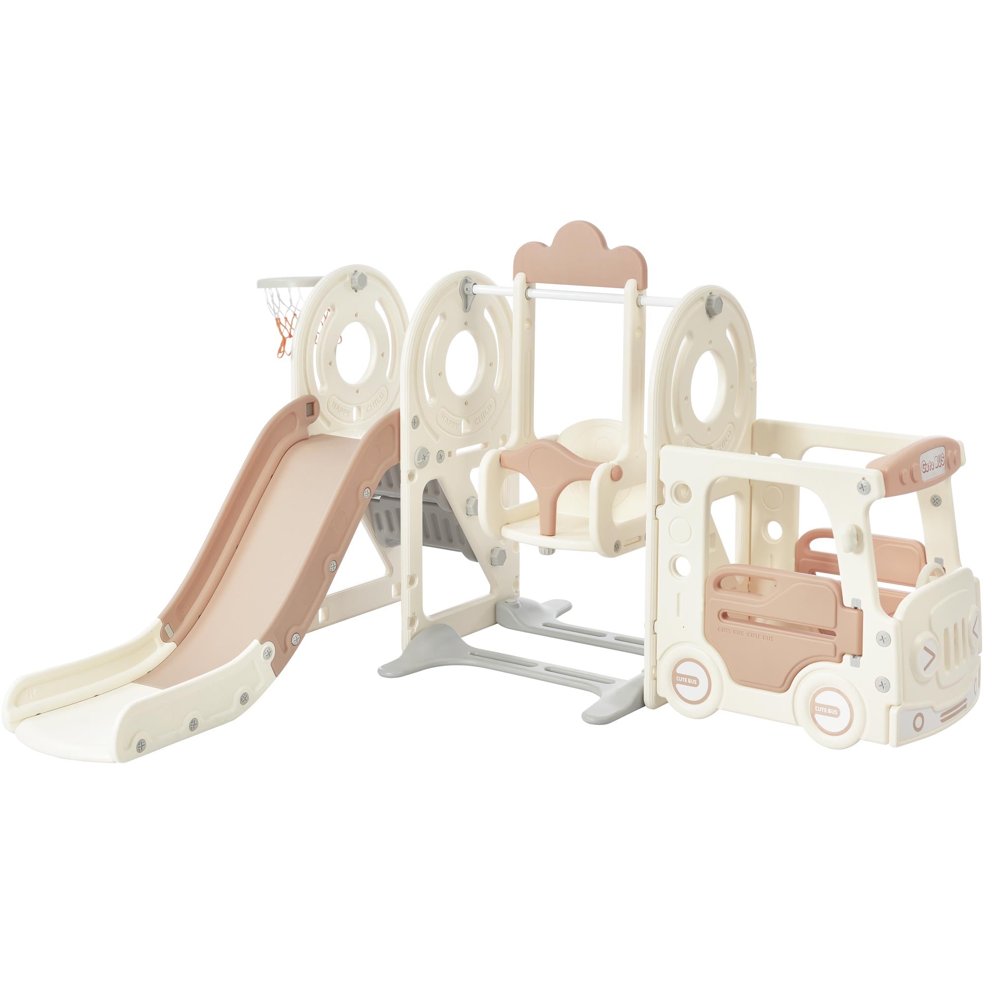 Kids Swing N Slide With Bus Play Structure, Freestanding Bus Toy With Slide&Swing For Toddlers, Bus Slide Set With Basketball Hoop Beige Hdpe