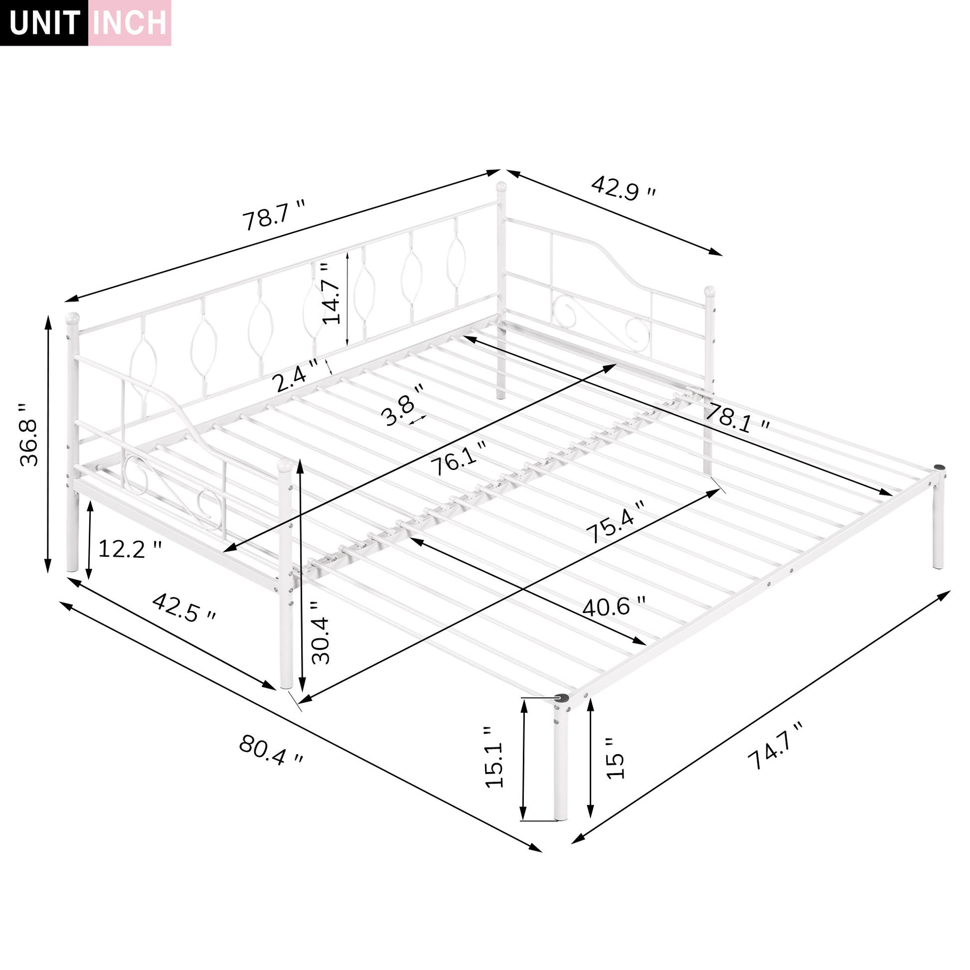 Twin Size Metal Daybed With Trundle, Daybed With Slat No Box Required White White Iron