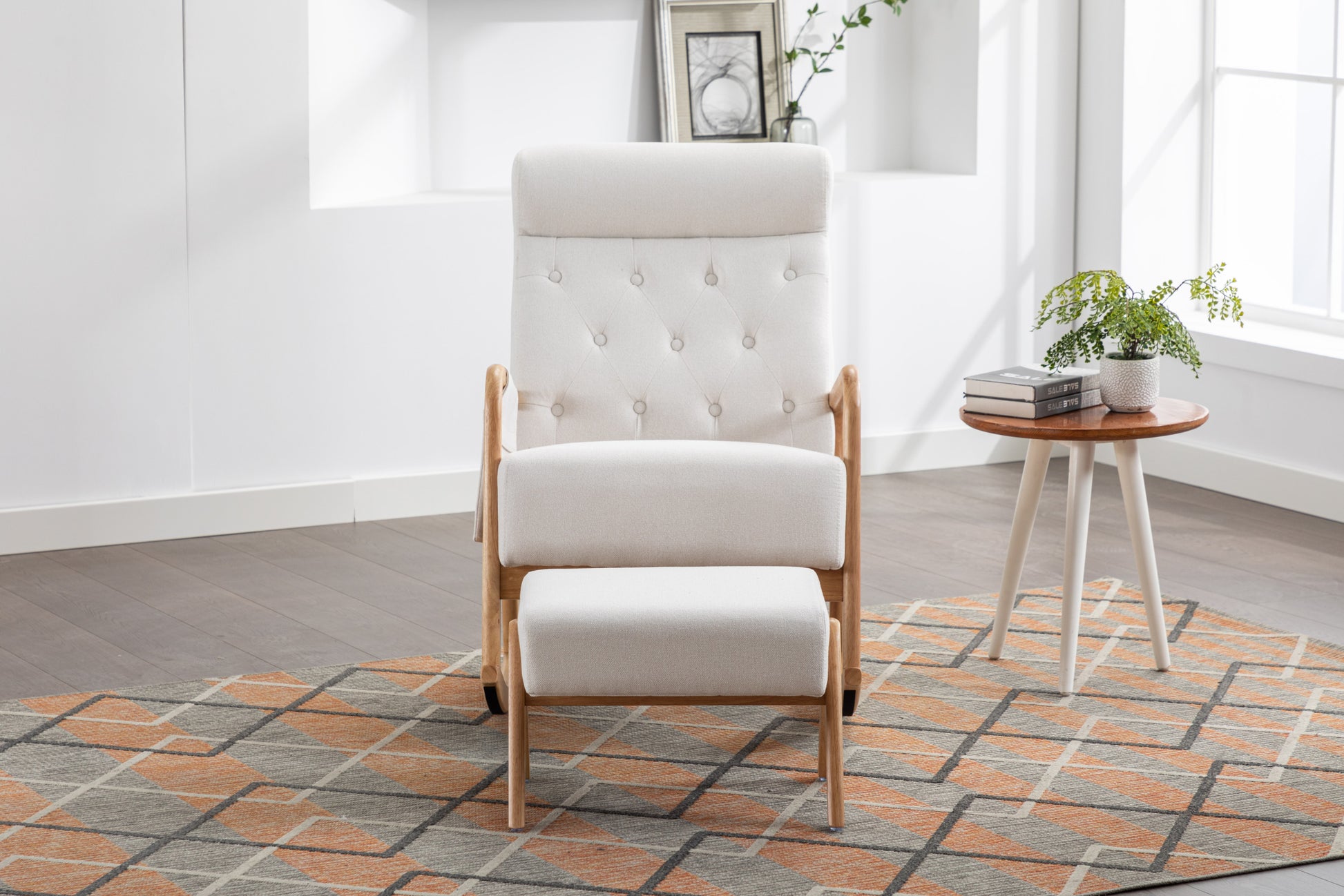 Coolmore Rocking Chair With Ottoman, Mid Century Modern Upholstered Fabric Rocking Armchair, Rocking Chair Nursery With Thick Padded Cushion, High Backrest Accent Glider Rocker Chair For Living Room Beige Solid Wood