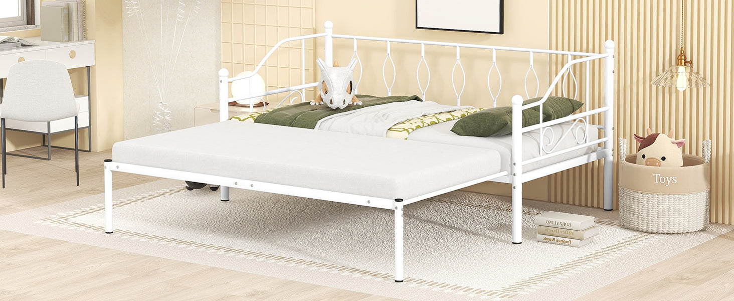 Twin Size Metal Daybed With Trundle, Daybed With Slat No Box Required White White Iron