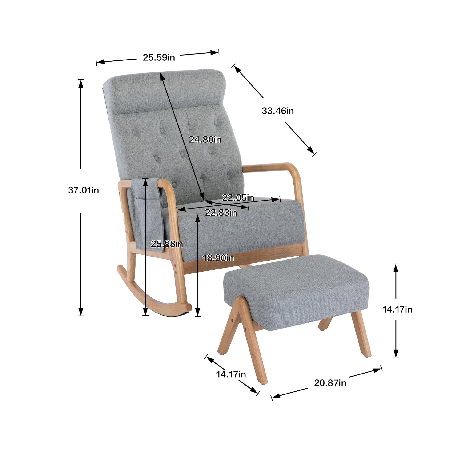 Coolmore Rocking Chair With Ottoman, Mid Century Modern Upholstered Fabric Rocking Armchair, Rocking Chair Nursery With Thick Padded Cushion, High Backrest Accent Glider Rocker Chair For Living Room Light Grey Solid Wood