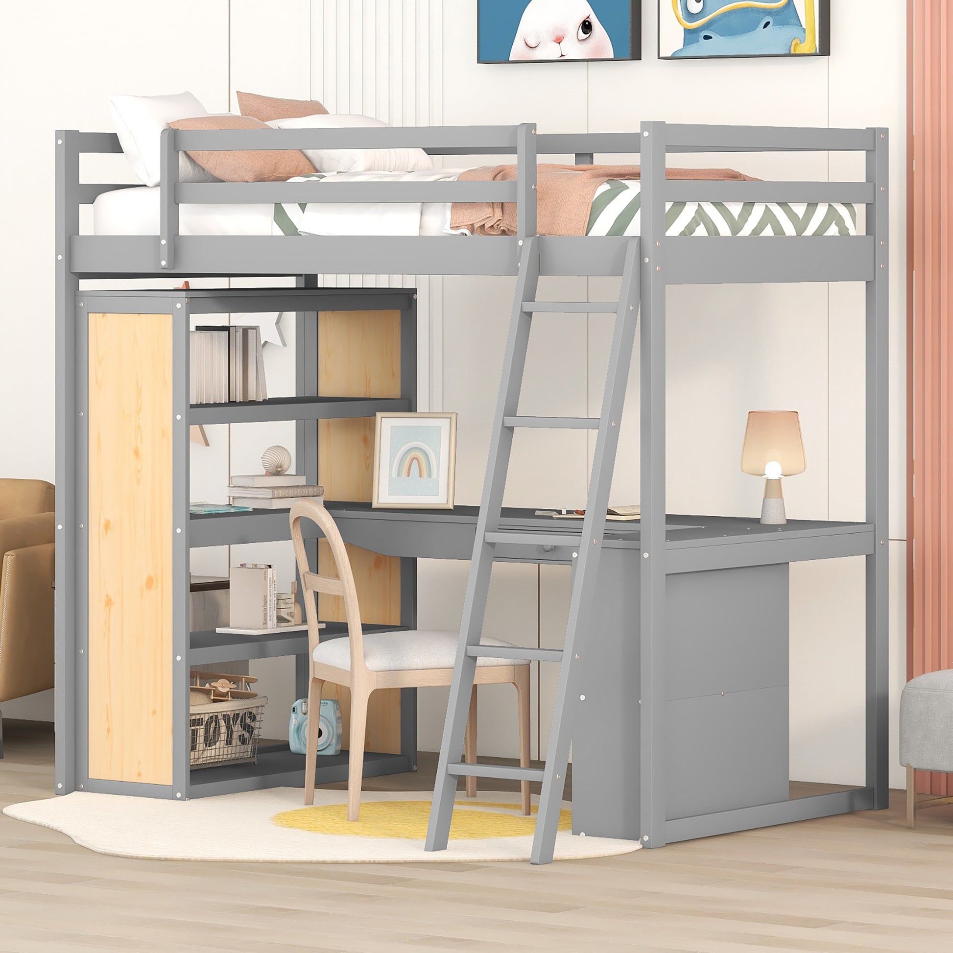 Twin Size Loft Bed With Ladder, Shelves, And Desk, Gray Lt000225Aae Gray Solid Wood Mdf