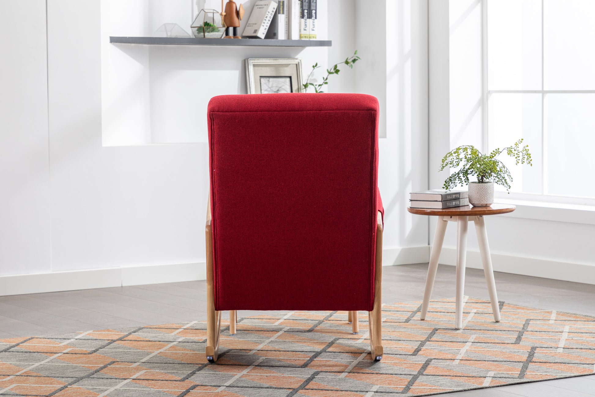Coolmore Rocking Chair With Ottoman, Mid Century Modern Upholstered Fabric Rocking Armchair, Rocking Chair Nursery With Thick Padded Cushion, High Backrest Accent Glider Rocker Chair For Living Room Red Solid Wood