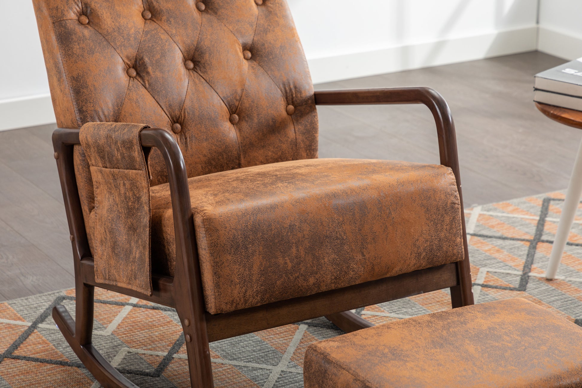 Coolmore Rocking Chair With Ottoman, Mid Century Modern Upholstered Fabric Rocking Armchair, Rocking Chair Nursery With Thick Padded Cushion, High Backrest Accent Glider Rocker Chair For Living Room Coffee Solid Wood