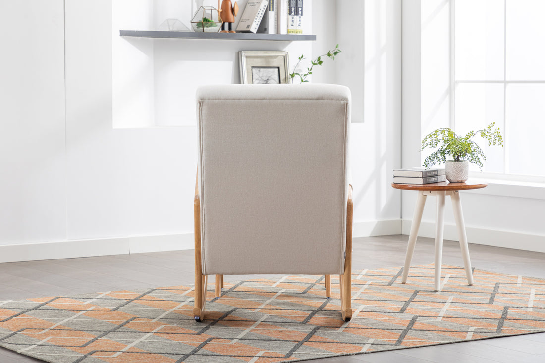Coolmore Rocking Chair With Ottoman, Mid Century Modern Upholstered Fabric Rocking Armchair, Rocking Chair Nursery With Thick Padded Cushion, High Backrest Accent Glider Rocker Chair For Living Room Beige Solid Wood