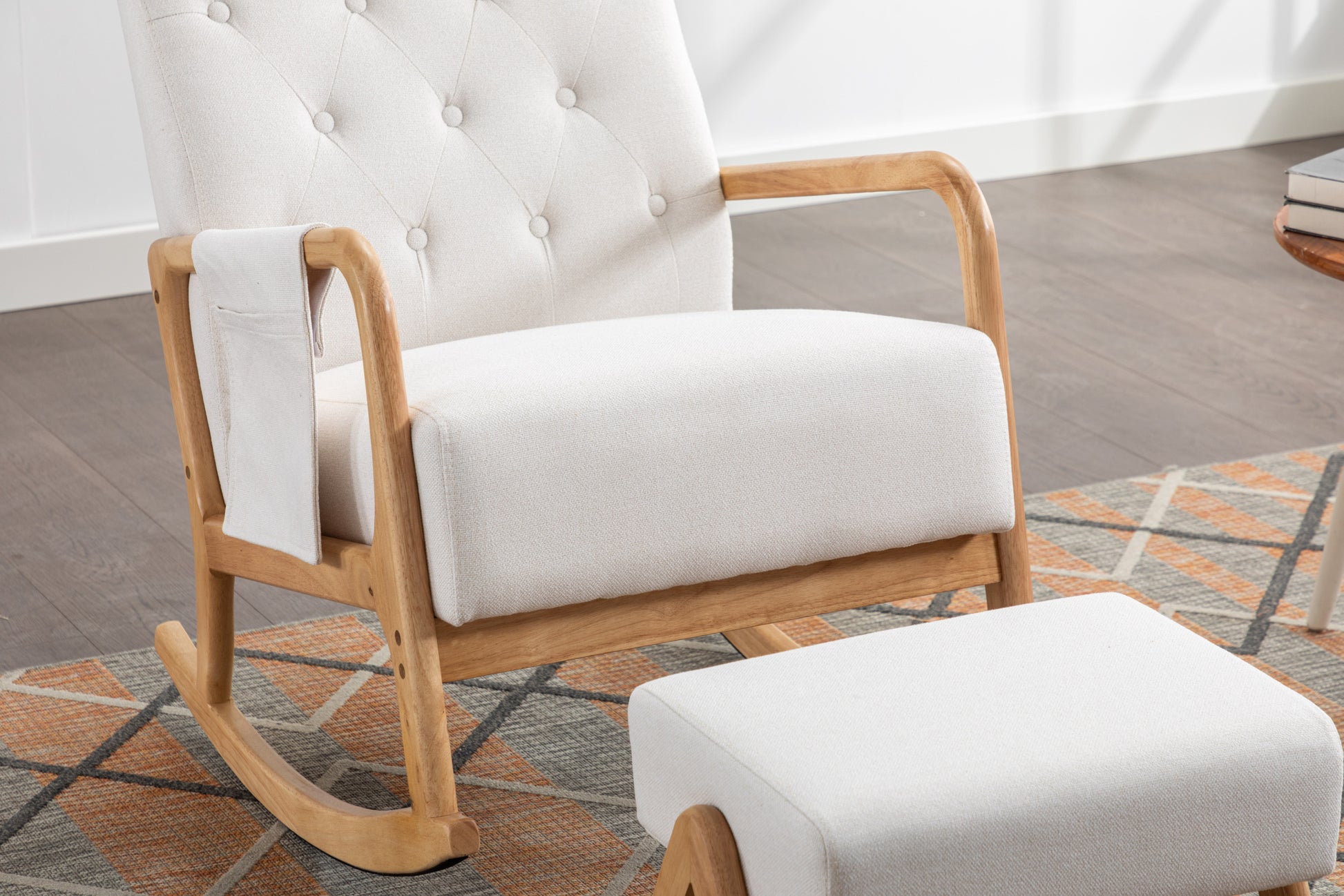 Coolmore Rocking Chair With Ottoman, Mid Century Modern Upholstered Fabric Rocking Armchair, Rocking Chair Nursery With Thick Padded Cushion, High Backrest Accent Glider Rocker Chair For Living Room Beige Solid Wood