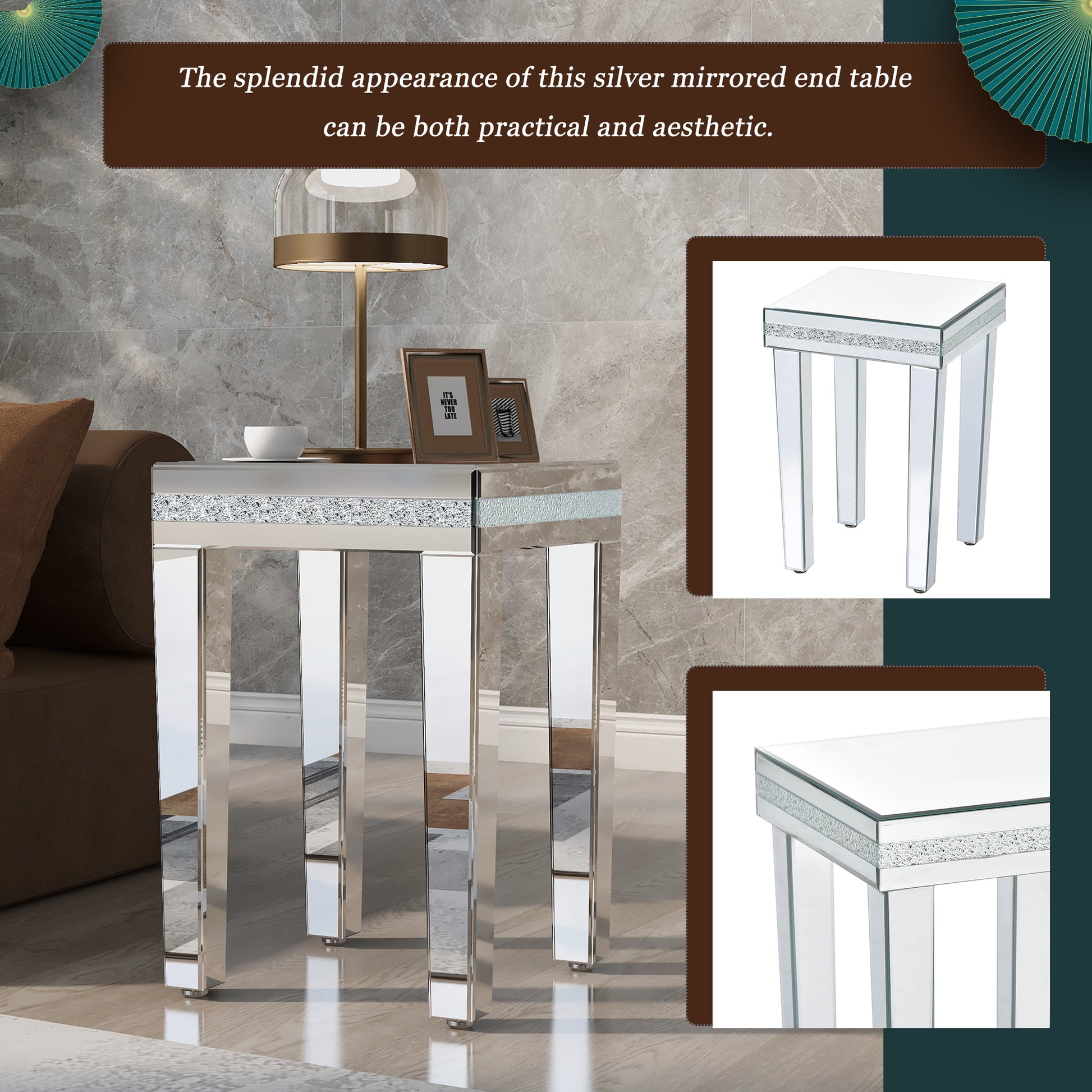 Fashionable Modern Glass Mirrored Side Table, Easy Assembly End Table With Crystal Design And Adjustable Height Legs, Silver Silver Glass