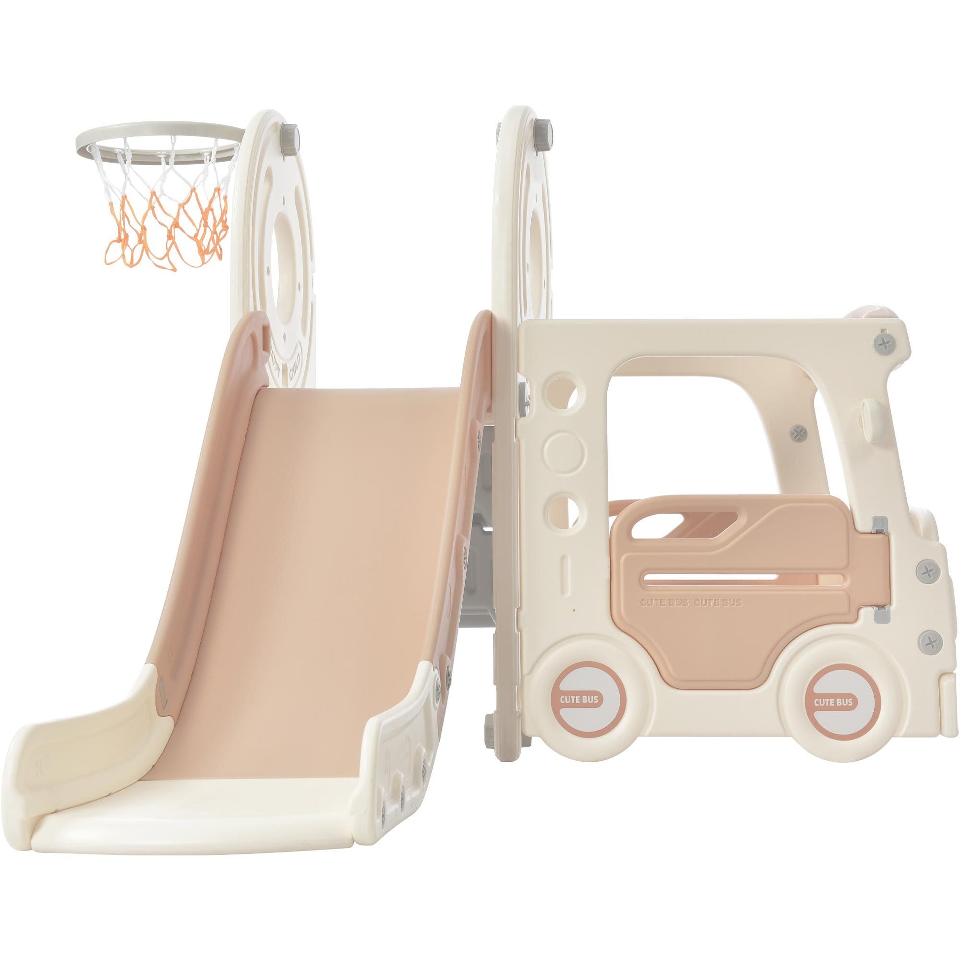 Kids Slide With Bus Play Structure, Freestanding Bus Toy With Slide For Toddlers, Bus Slide Set With Basketball Hoop Beige Hdpe