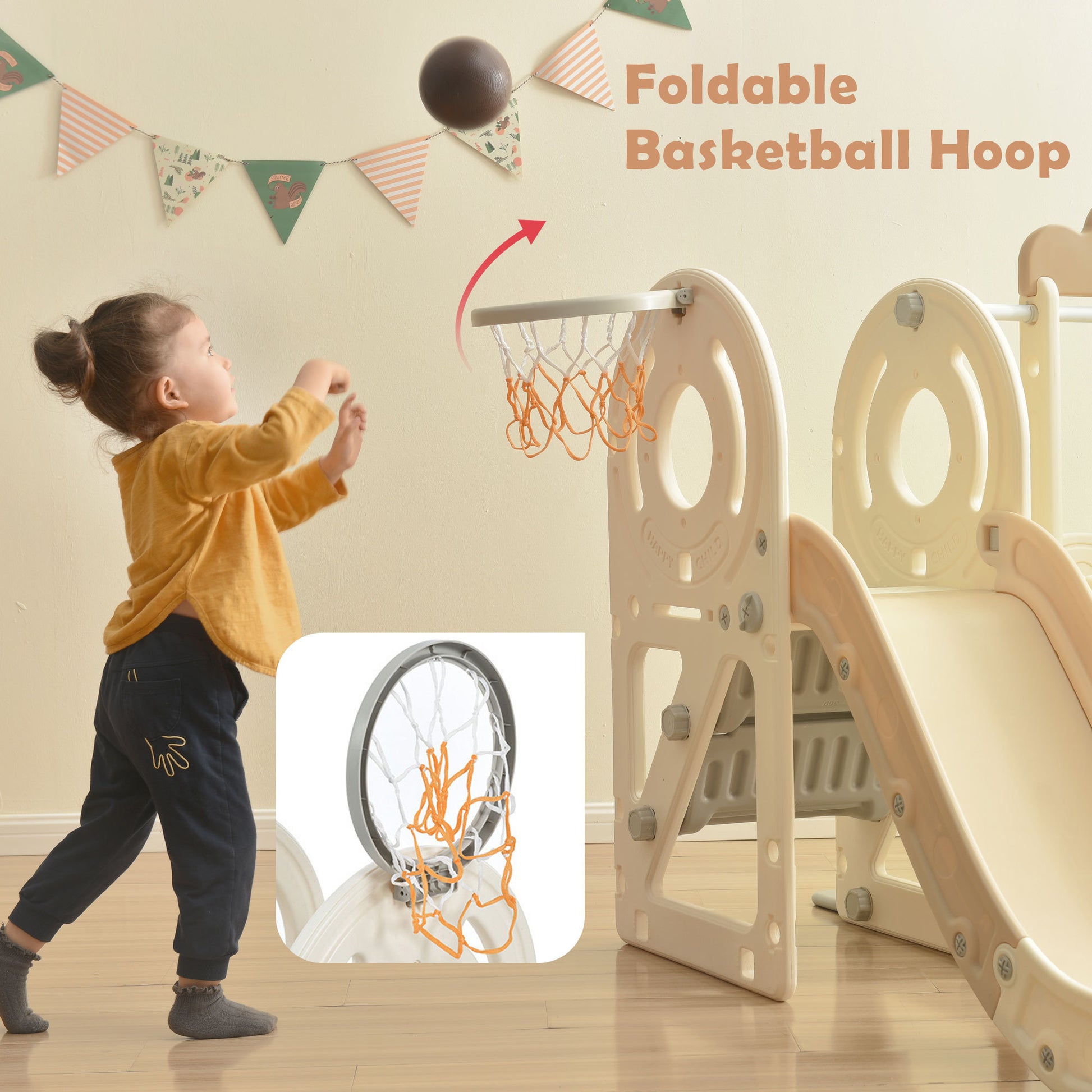 Kids Slide With Bus Play Structure, Freestanding Bus Toy With Slide For Toddlers, Bus Slide Set With Basketball Hoop Beige Hdpe