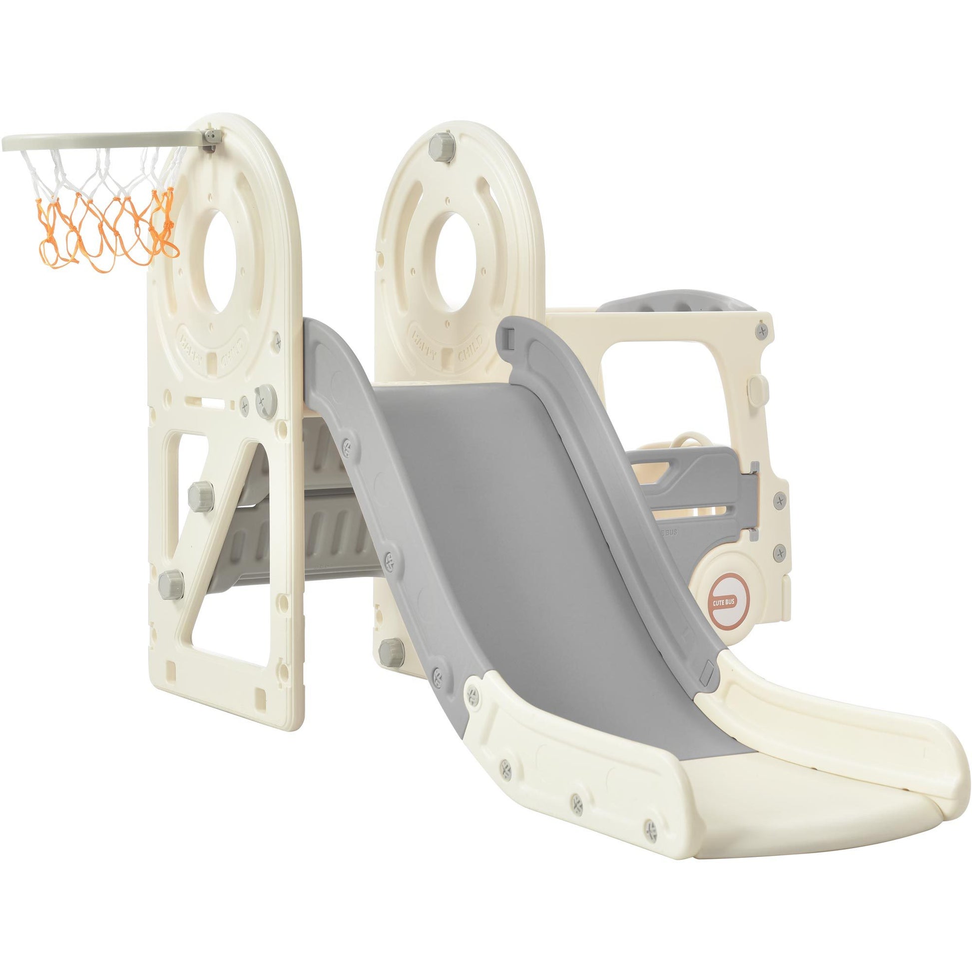 Kids Slide With Bus Play Structure, Freestanding Bus Toy With Slide For Toddlers, Bus Slide Set With Basketball Hoop Gray Hdpe