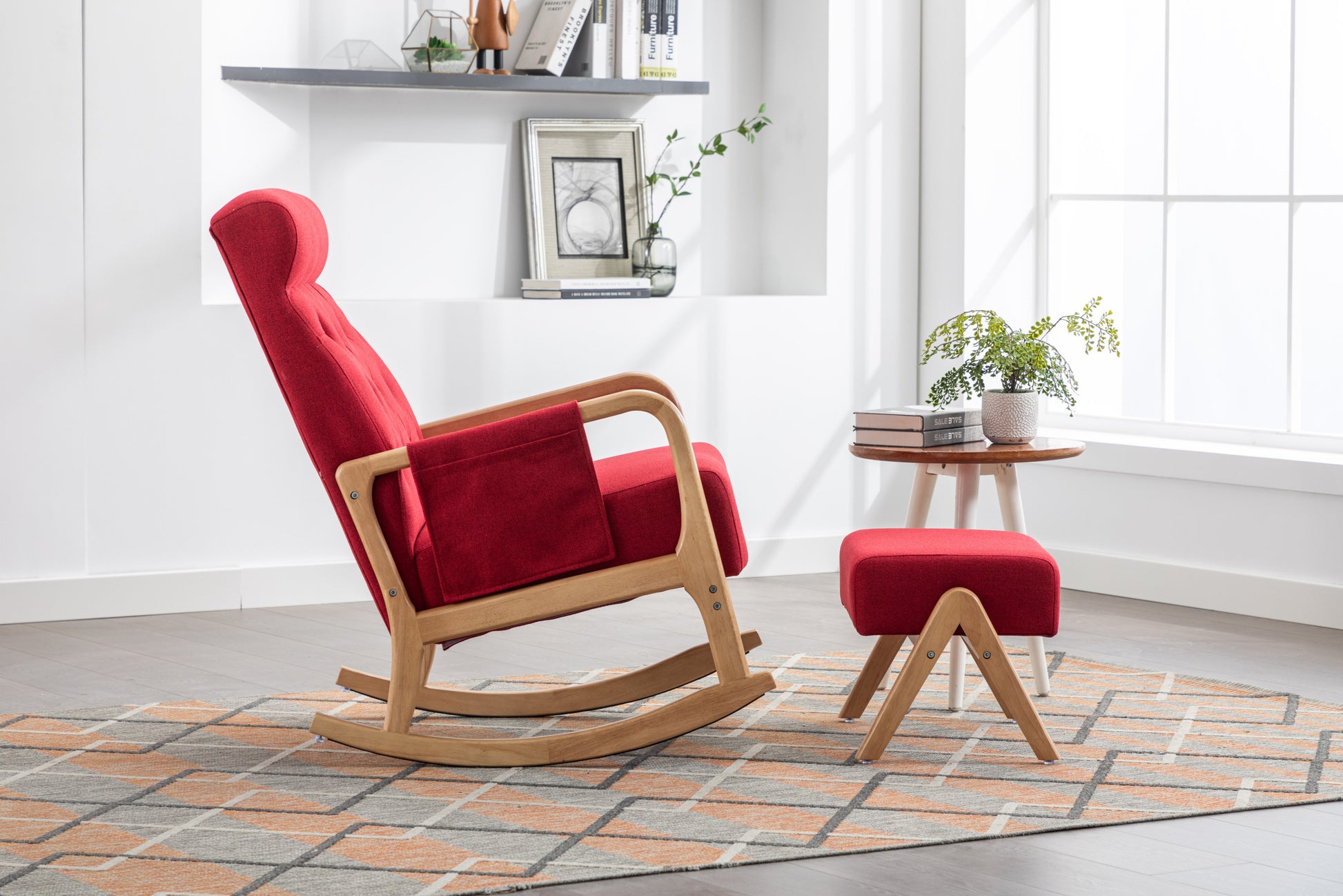 Coolmore Rocking Chair With Ottoman, Mid Century Modern Upholstered Fabric Rocking Armchair, Rocking Chair Nursery With Thick Padded Cushion, High Backrest Accent Glider Rocker Chair For Living Room Red Solid Wood