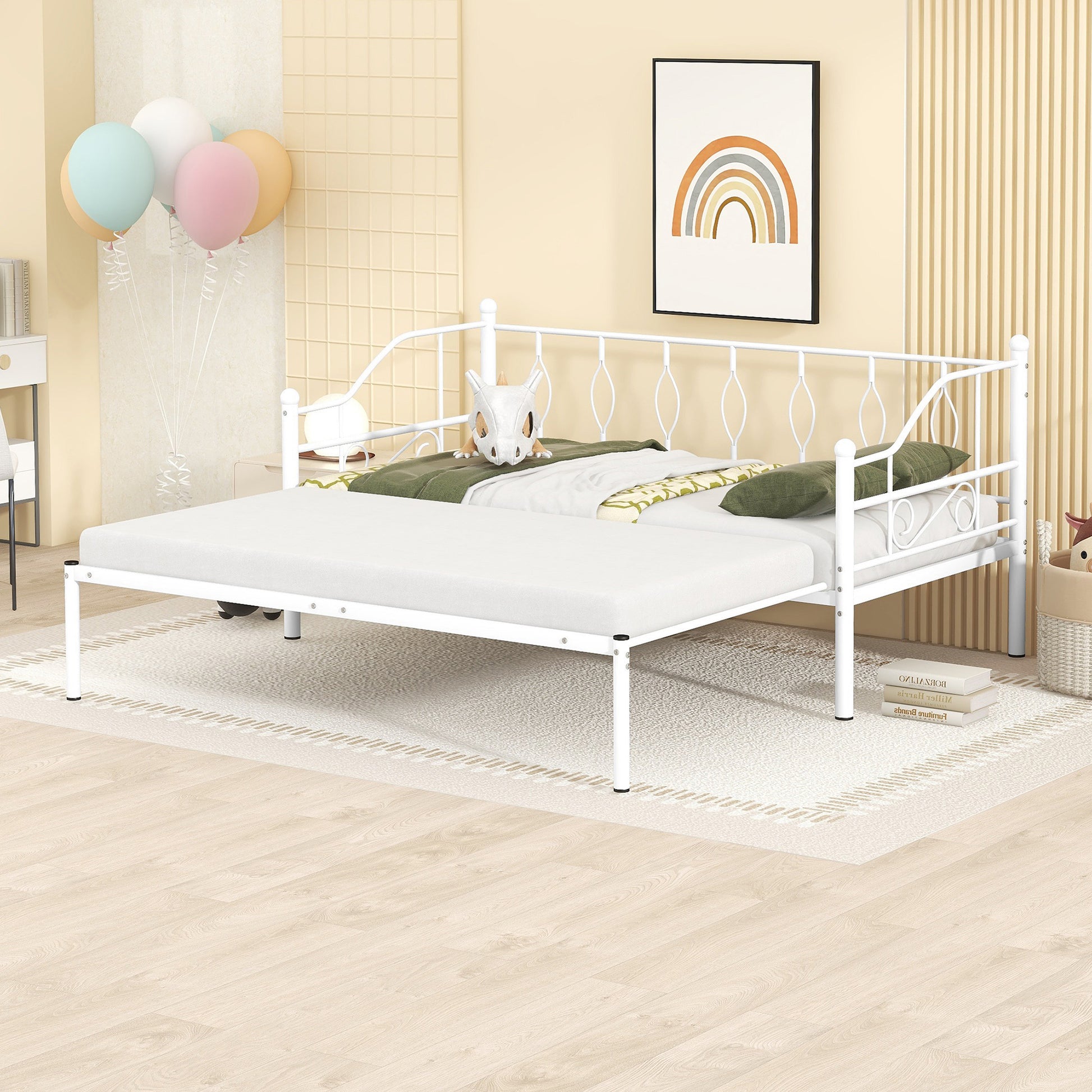 Twin Size Metal Daybed With Trundle, Daybed With Slat No Box Required White White Iron