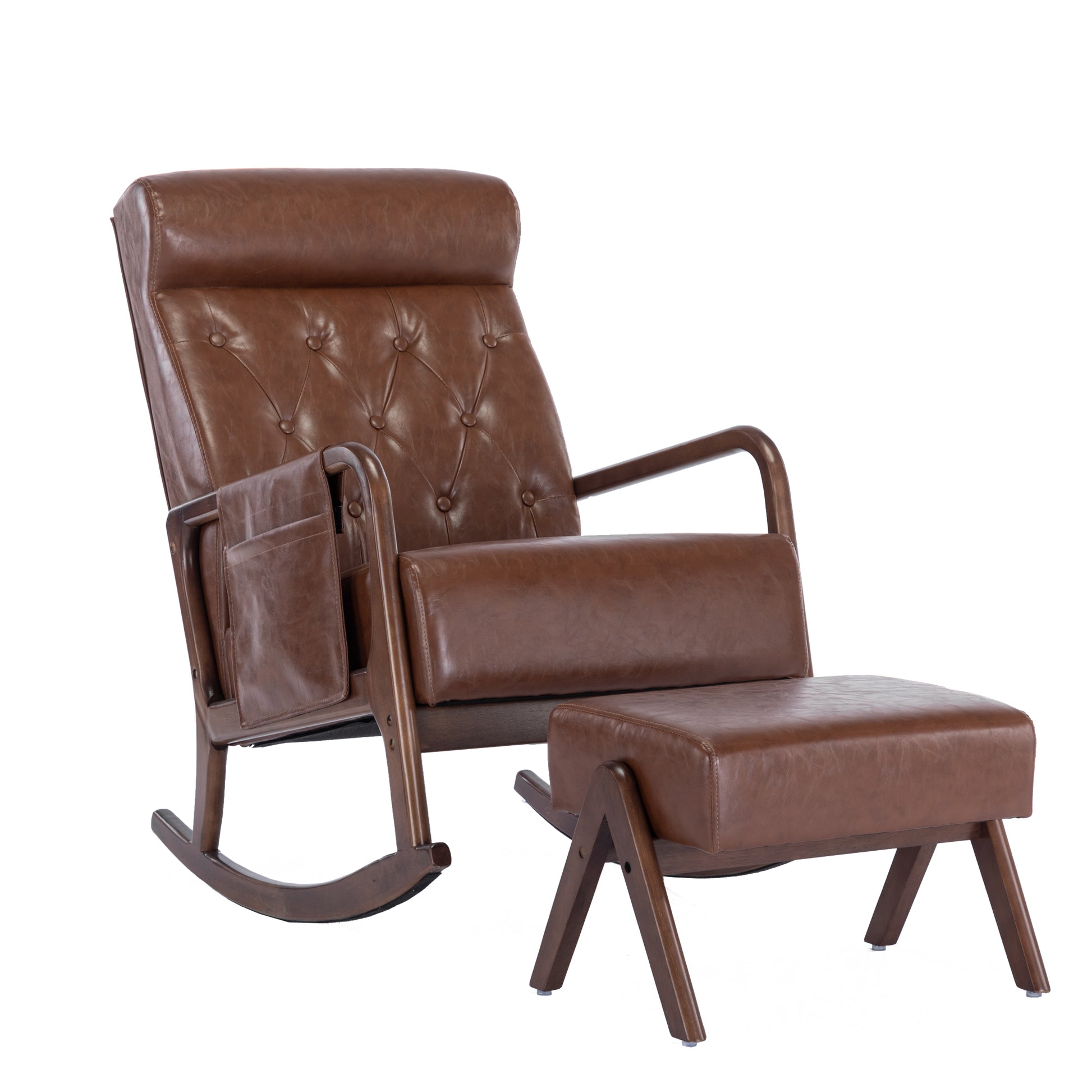 Coolmore Rocking Chair With Ottoman, Mid Century Modern Upholstered Fabric Rocking Armchair, Rocking Chair Nursery With Thick Padded Cushion, High Backrest Accent Glider Rocker Chair For Living Room Brown Pu Solid Wood