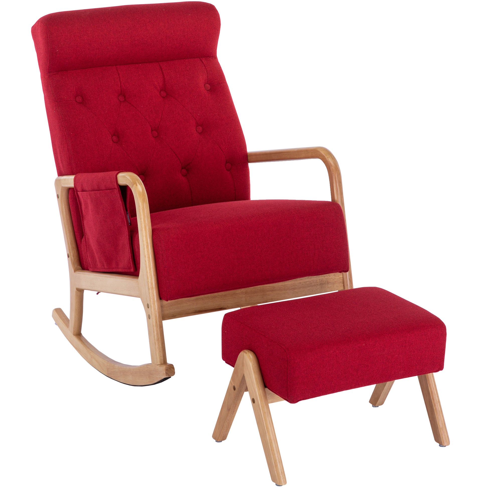 Coolmore Rocking Chair With Ottoman, Mid Century Modern Upholstered Fabric Rocking Armchair, Rocking Chair Nursery With Thick Padded Cushion, High Backrest Accent Glider Rocker Chair For Living Room Red Solid Wood