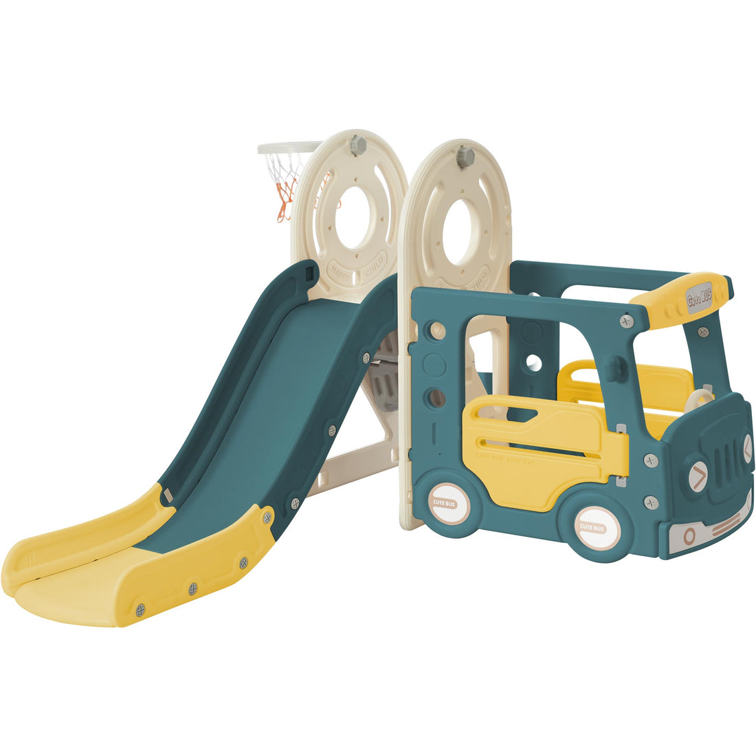 Kids Slide With Bus Play Structure, Freestanding Bus Toy With Slide For Toddlers, Bus Slide Set With Basketball Hoop Yellow Hdpe