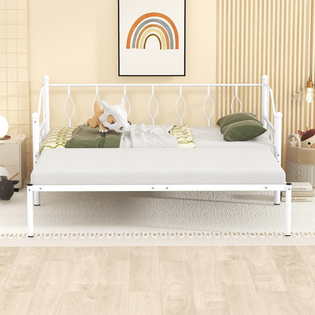 Twin Size Metal Daybed With Trundle, Daybed With Slat No Box Required White White Iron