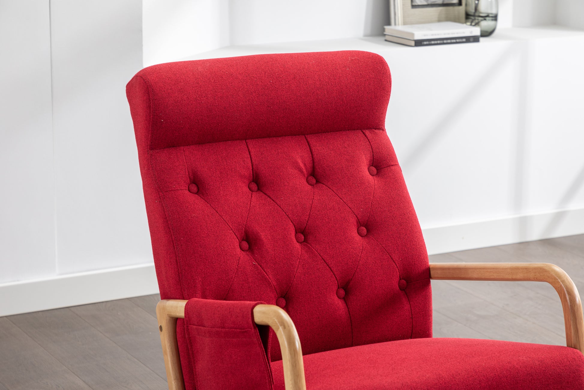 Coolmore Rocking Chair With Ottoman, Mid Century Modern Upholstered Fabric Rocking Armchair, Rocking Chair Nursery With Thick Padded Cushion, High Backrest Accent Glider Rocker Chair For Living Room Red Solid Wood